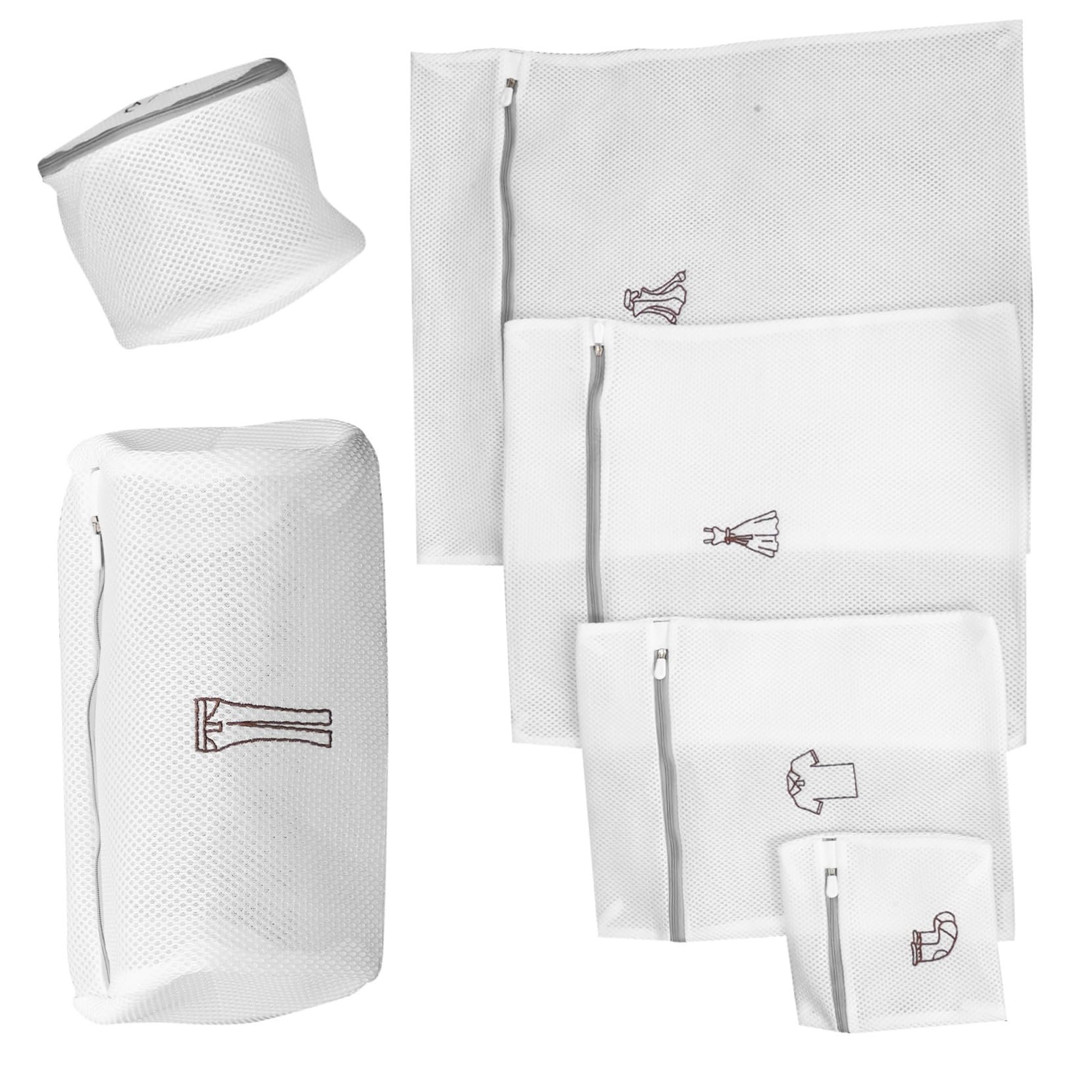Set 6 Sacchetti per Bucato in Poliestere Rete Fine, Lavabili in Lavatrice, Protezione Completa per Indumenti in Spazi Piccoli e Dormitori, Design Raffinato Ricamato Bianco