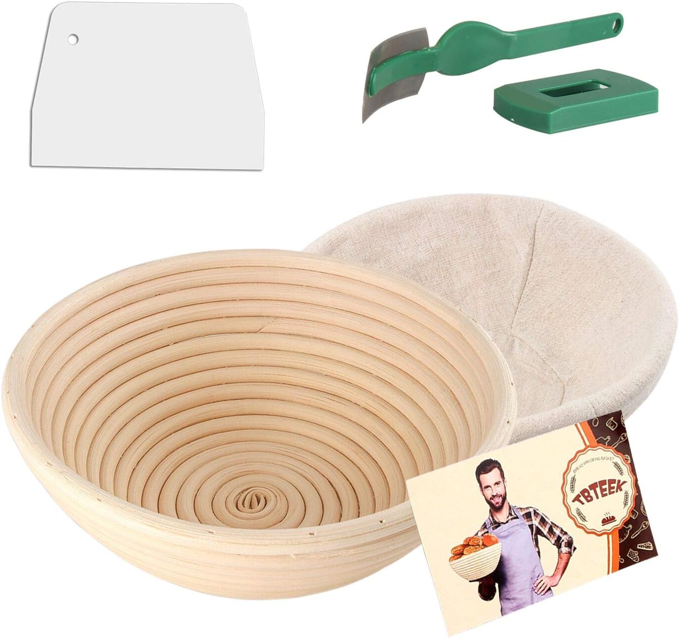 10" Banneton Bread Proofing Basket Set-Brotform Rattan Basket with(Cloth Liner,Dough Scraper,Bread Lame,Instruction) for Rising Round Crispy Crust Baked Bread Making Dough Loaf Boules