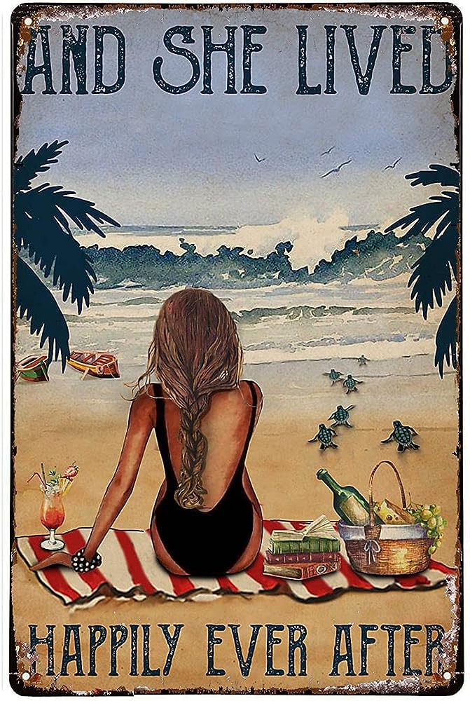 Yunking 103 Funny Metal Signs Beach Lived Happily Sea Retro Tin Signs Vintage For Metal Tin Sign Home Wall Art, 12X8 Inches Funny Bathroom Signs Bathroom Decor
