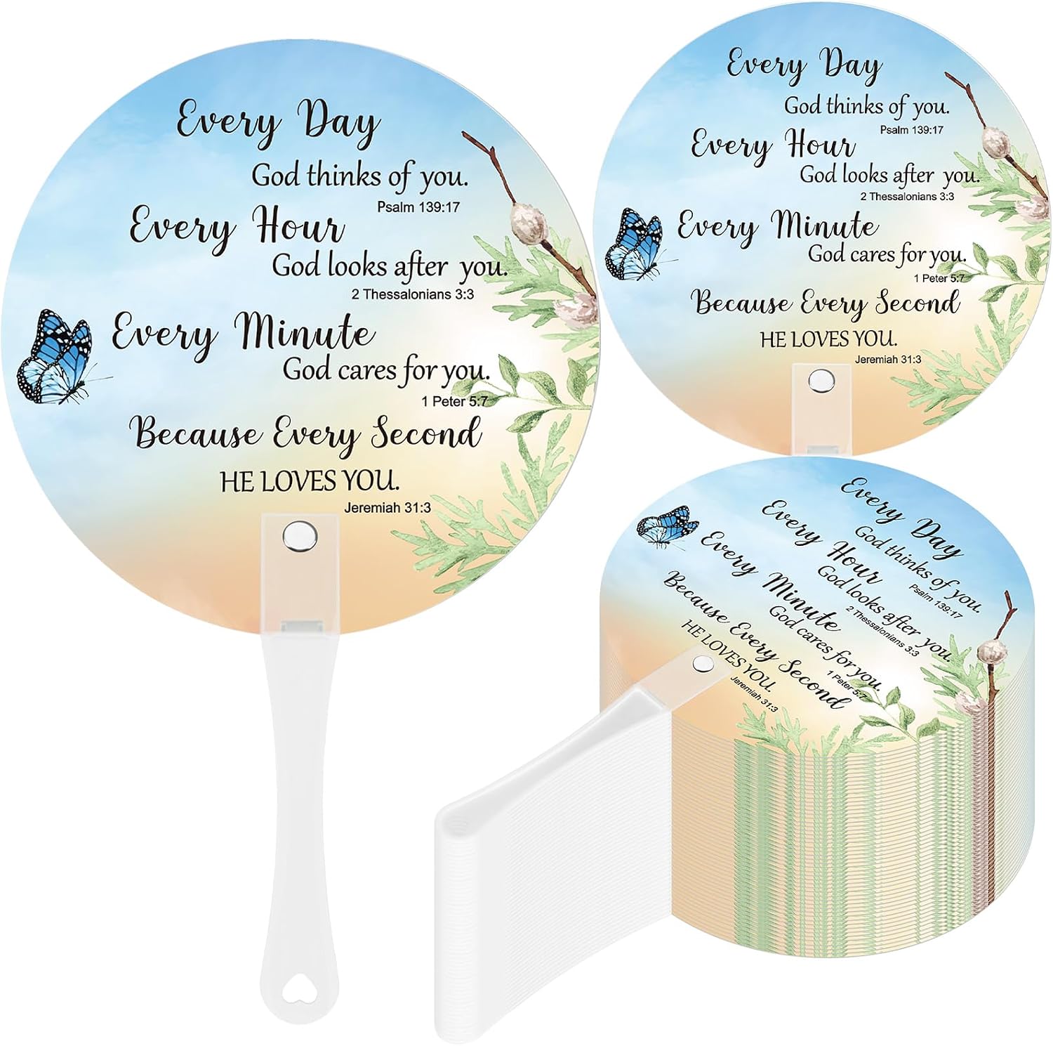 50 Pcs Church Fans Handheld Bulk Christian Inspiration Religious Gifts Bible Verse Scripture Hand Fans with Plastic Handle for Women Men Church Visitor Welcome Services(Sky)