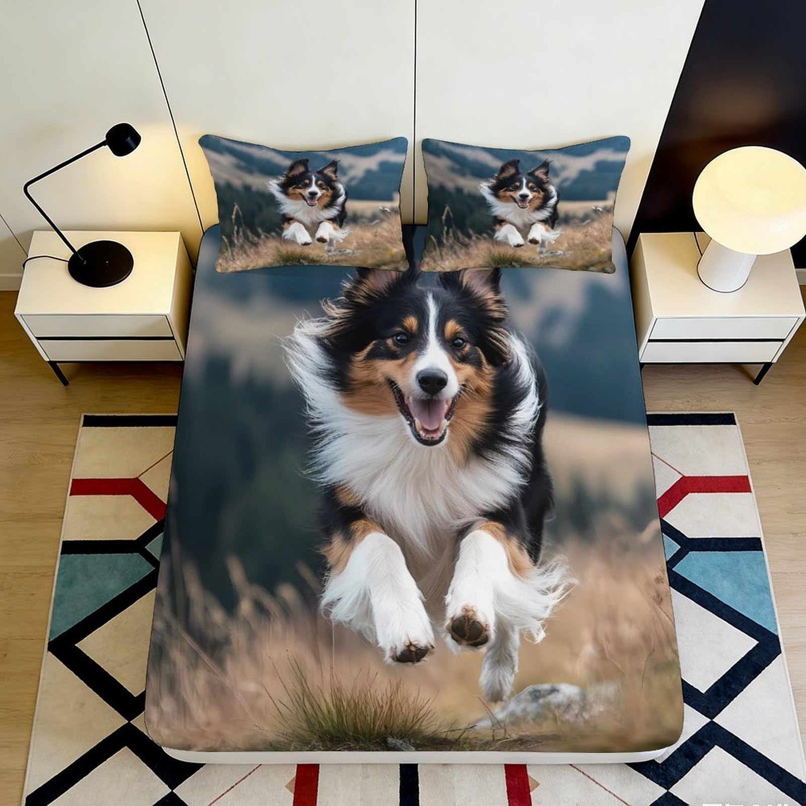 Uynsixtme Style-9 3D Printed Sheepdog Pattern Fitted Sheet Microfiber Deep Pocket Sheepdog Mattress Fitted Cover For Bedroom Bedding 200X200x25cm