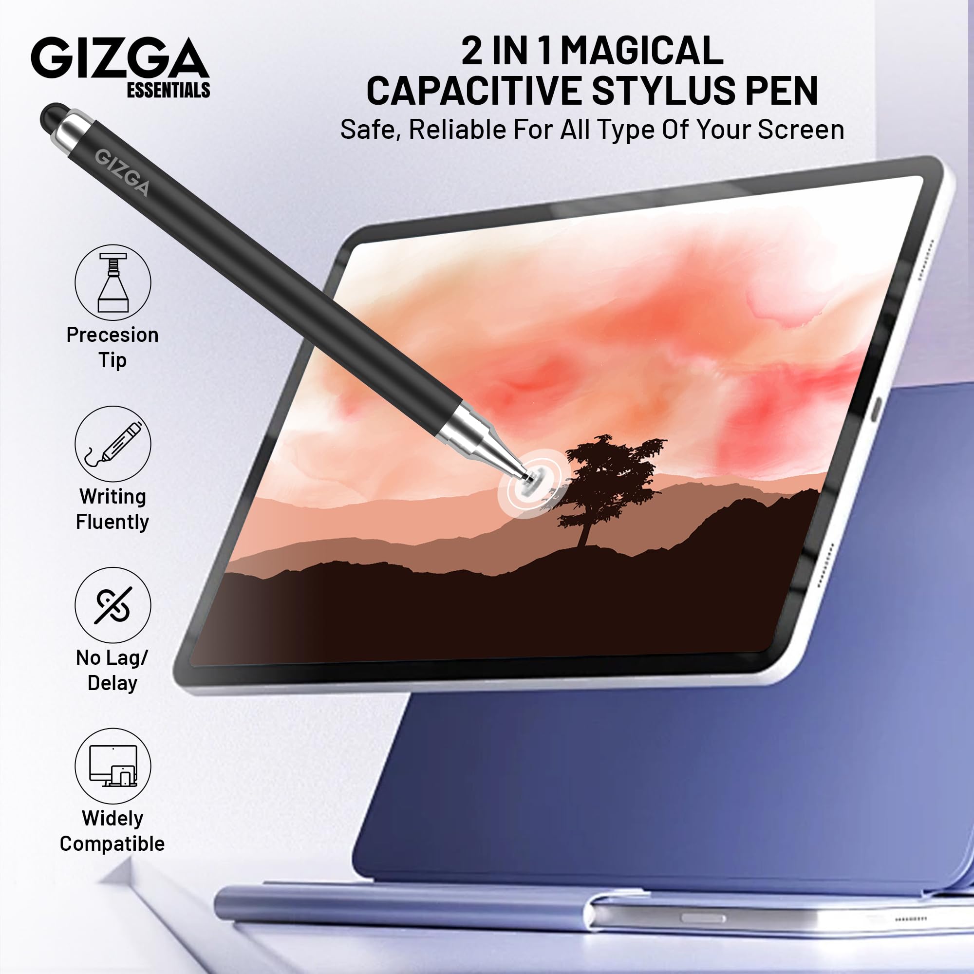 Gizga Essentials 2 in 1 Universal Stylus Pen for All Touchscreen Devices| Fine Point Disc Tip & Soft Rubber Tip Touch Pen for iPad/Pro/Air/mini, iPhone, iOS/Android, Tablets, Smartphones, (Black) — Amazon image 2