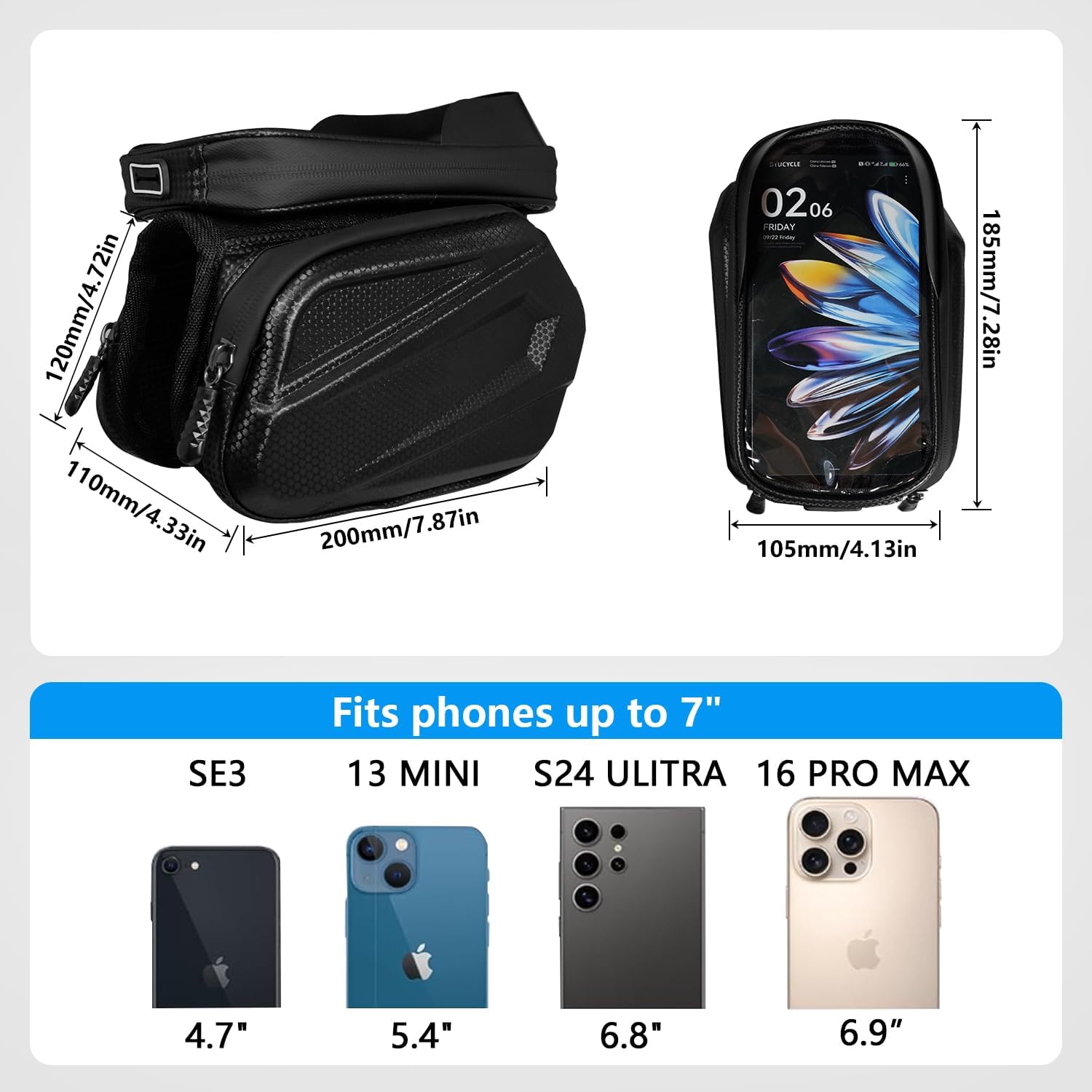 Bike Frame Bag - 2.73L Detachable Touchscreen Pouch with EVA Hardcase & 360 Swivel, Waterproof Top Tube Bike Bag/Handlebar Mount for iPhone/Samsung up to 7" - MTB/Road/Ebike Accessories