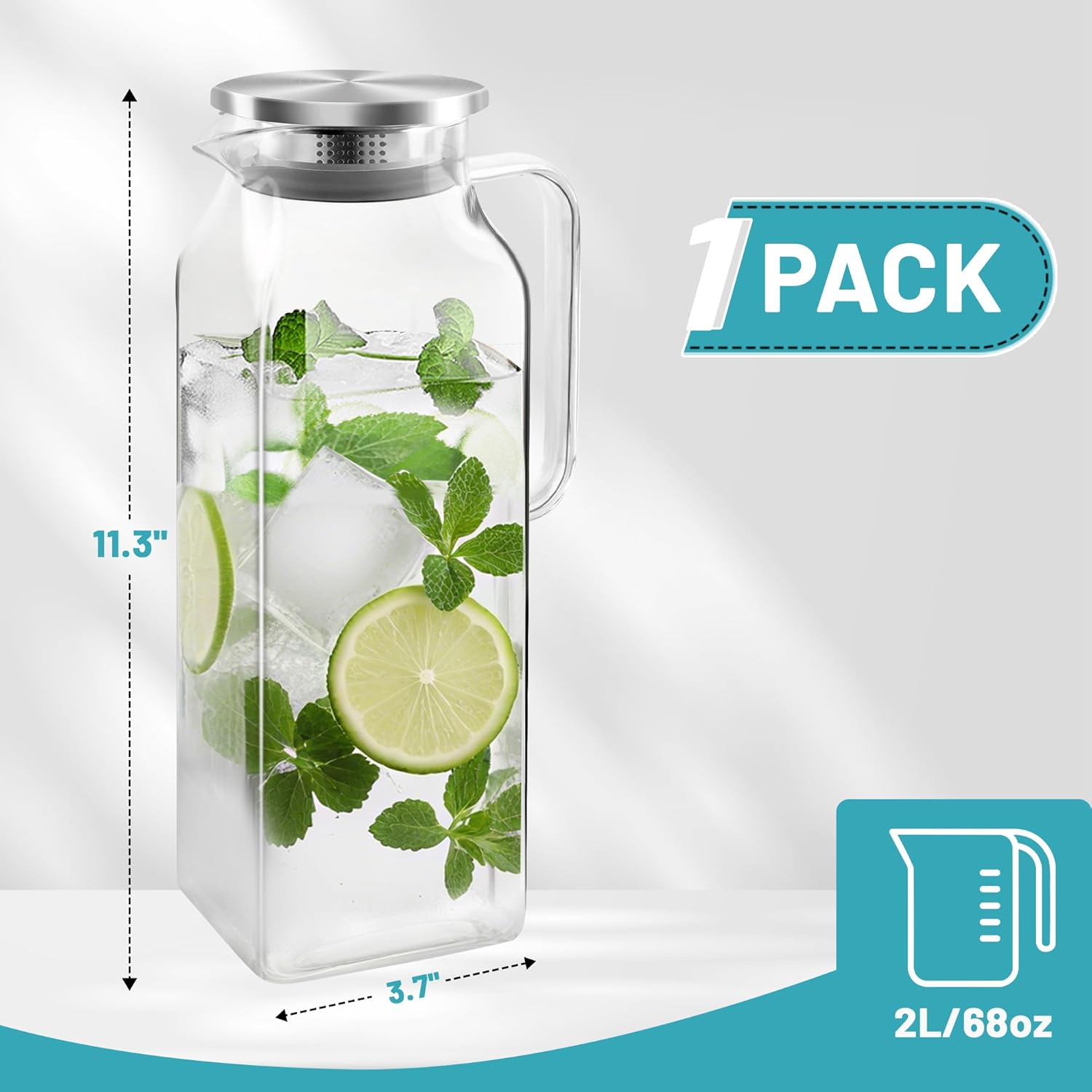 68 oz Borosilicate Square Glass Pitcher with Lid and Spout, Heat Resistant -4°F to 302°F, Lightweight Water Pitchers, Water Jugs, Glass Carafe with Handle, Ideal for Fridge Storage(1Pack) - Image 2