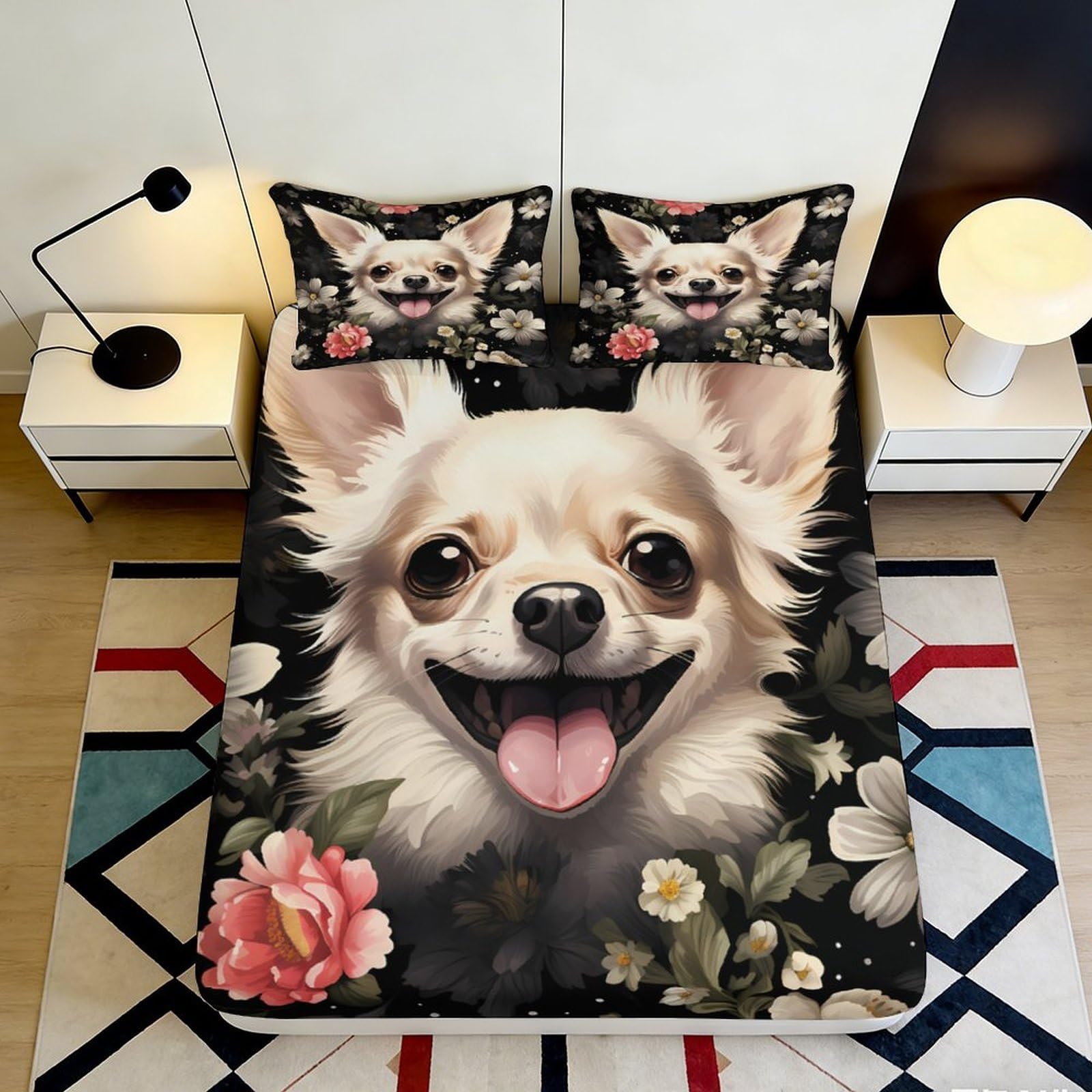 3D Printed Cute Chihuahua Fitted Sheet Microfiber Floral Bed Cover Non Slip Easy Care for Bedroom Guest Room 90x200x25cm