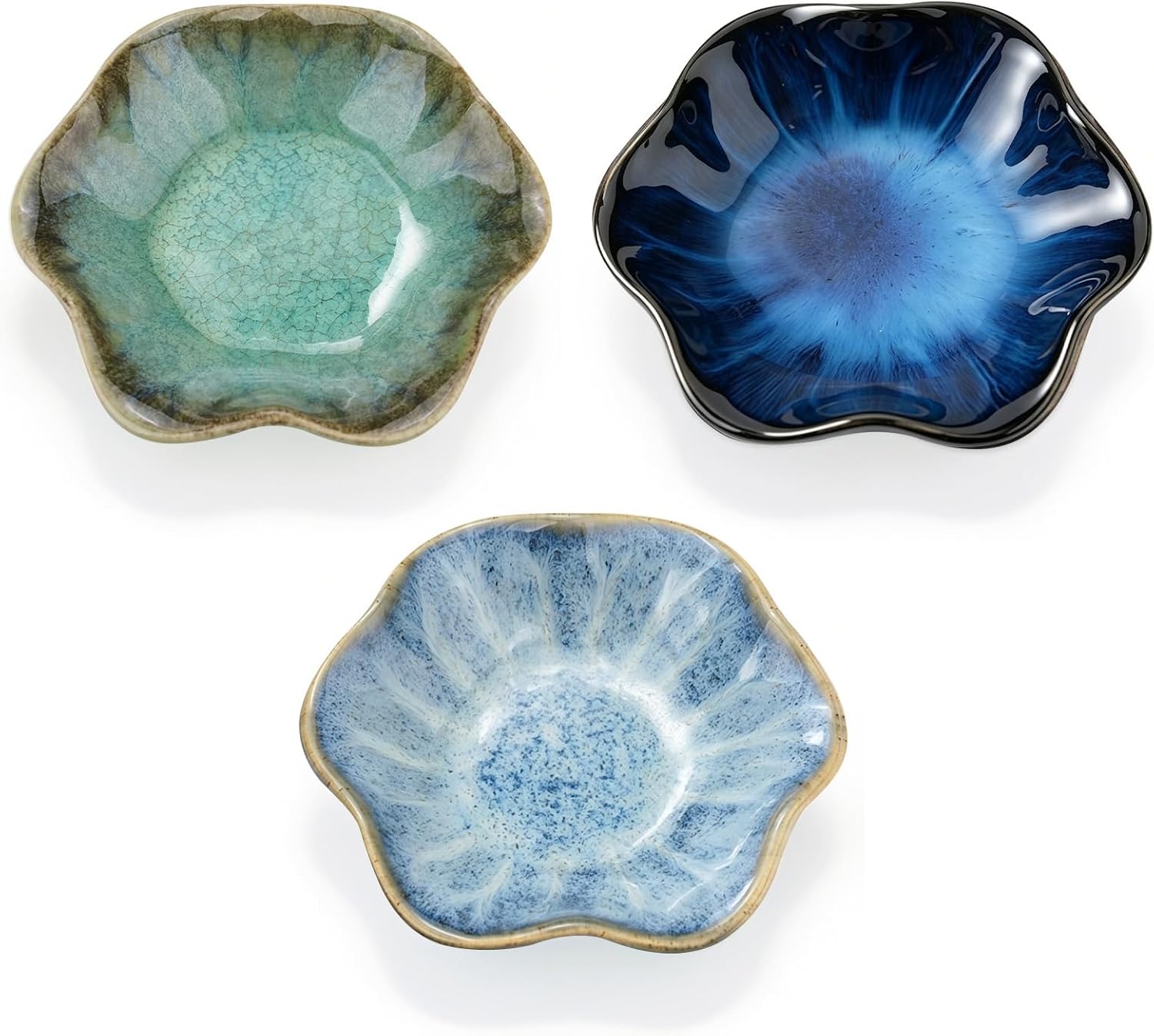 Set of 3 Porcelain Dipping Bowls, Reactive Glaze Soy Sauce Dishes, 4.3 In Lotus Leaf Shape Pinch Bowls Small Side Plates for Sushi Tomato Salad Sauce Condiment