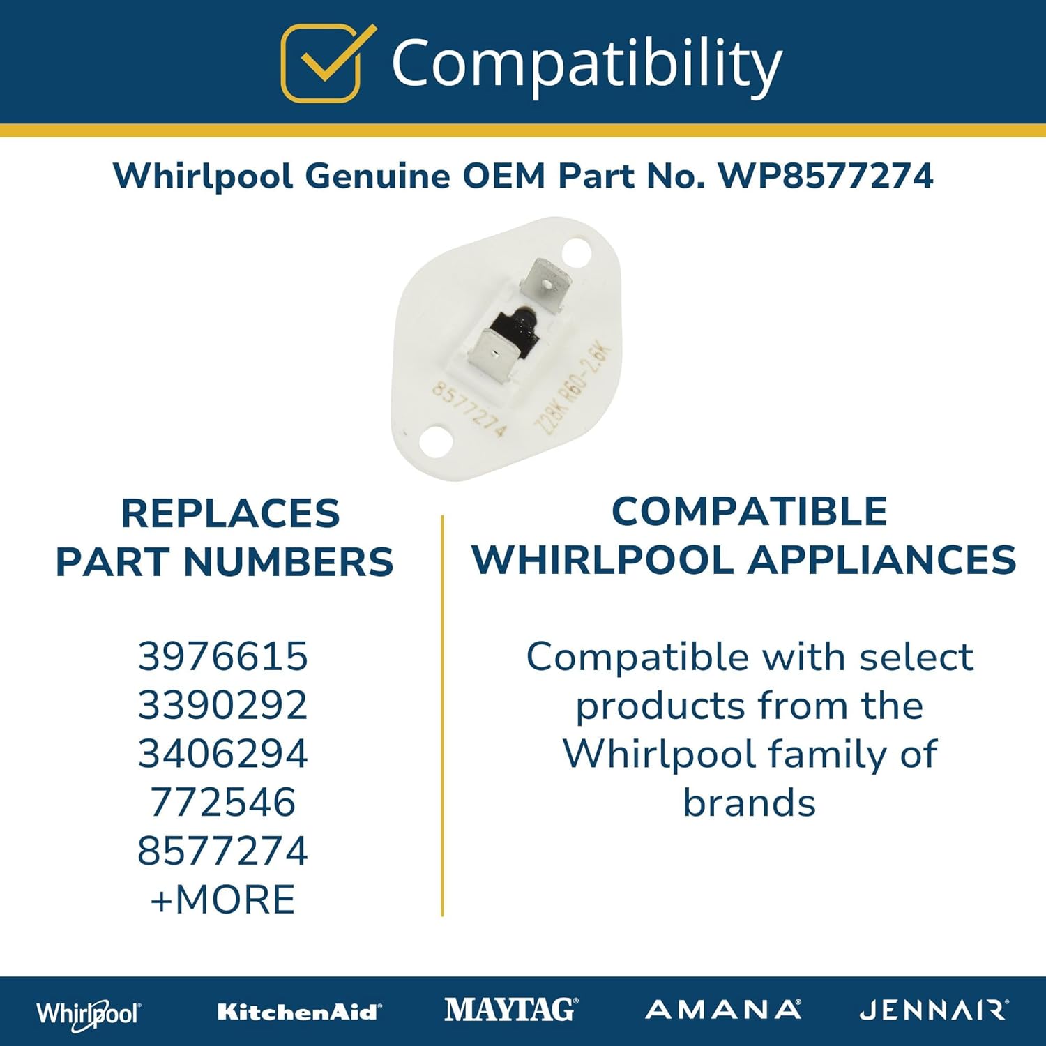 Whirlpool WP8577274 Genuine OEM Dryer Thermistor Replacement Part - Replaces 3406294, 3390292, 3976615, and more