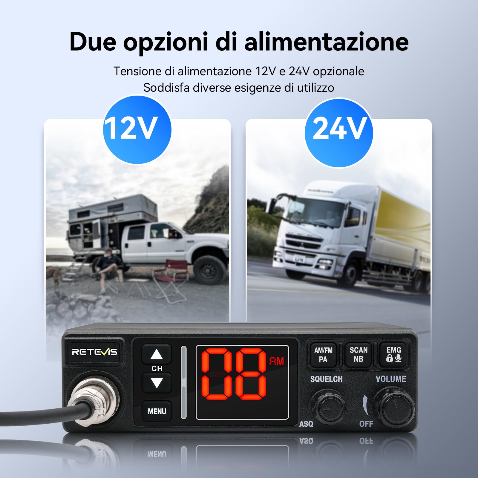 Retevis MB63A Radio CB, AM FM CB Auto con Antenna, Filtro Antirumore NB/ANL, 12V/24V con Accendino, Sistema PA, con Microfoni 6 Pin, 40 Canali, 4W, EMG CH9/19, per Camion Camper