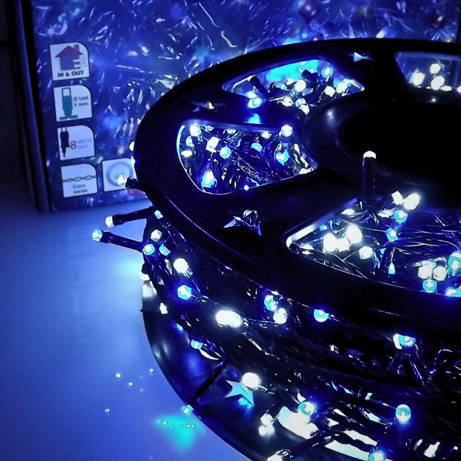 Luci LED Natalizie da Esterno/Interno, 5mm, Cavo Verde, 8 Modalità, Controller 31V con Memoria, IP44 (Bianco Ghiaccio + Blu, 50M 1000LED)