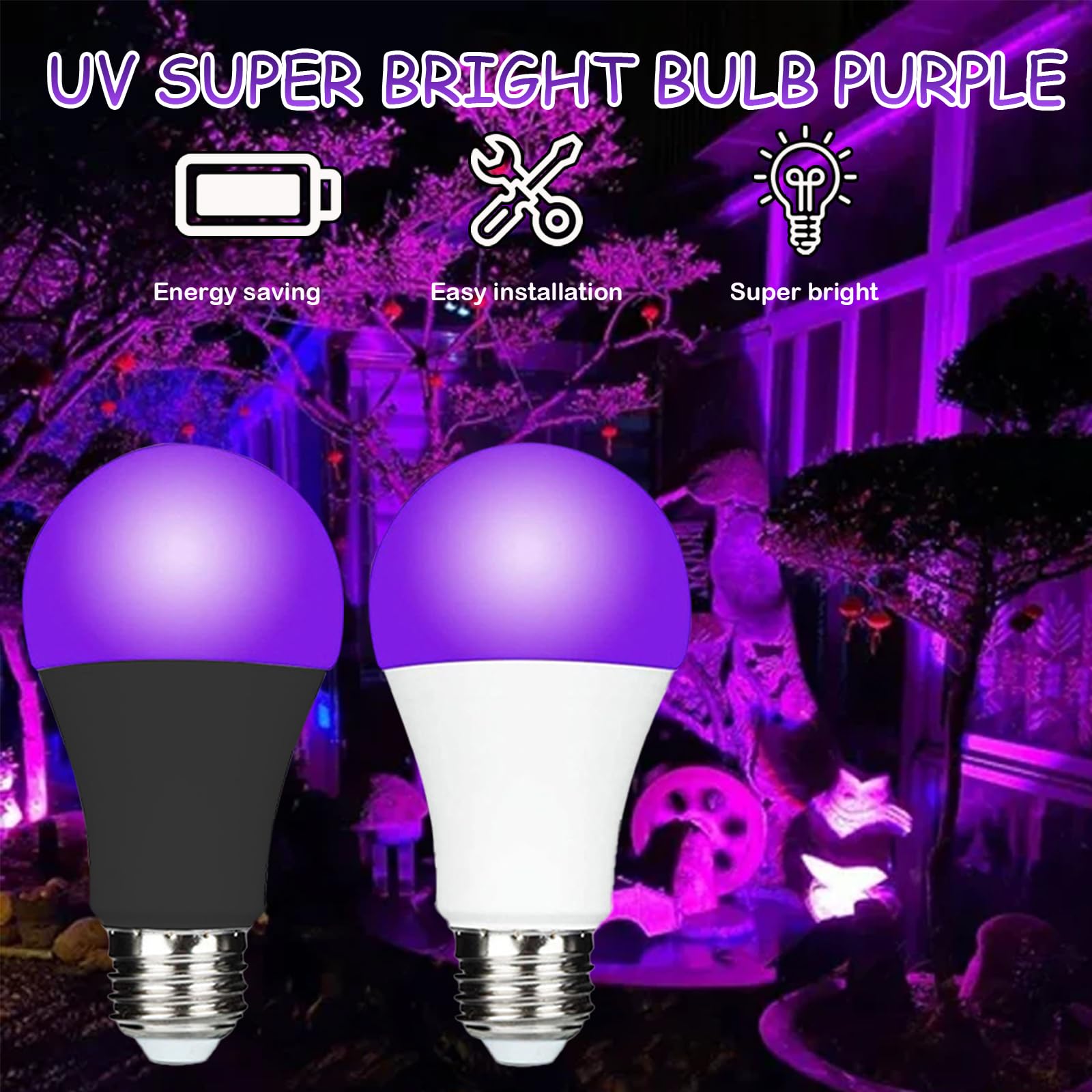 Żarówka UV z czarnym światłem, E27, 10 W, czarna żarówka, 385-400 nm UVA, oświetlenie UV na imprezę Halloween, do piwnicy, dyskoteki, klubu (2 sztuki białe)