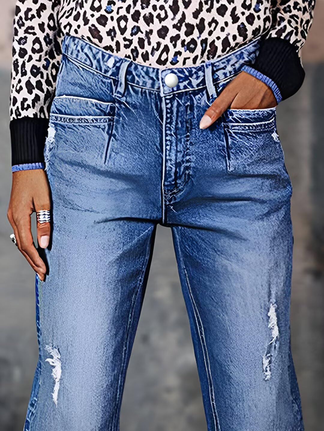 Flamingals Striaght Leg Jeans for Women Mid Rise Boyfriend Ripped Wash Roll Hem Cropped Jeans - Image 4