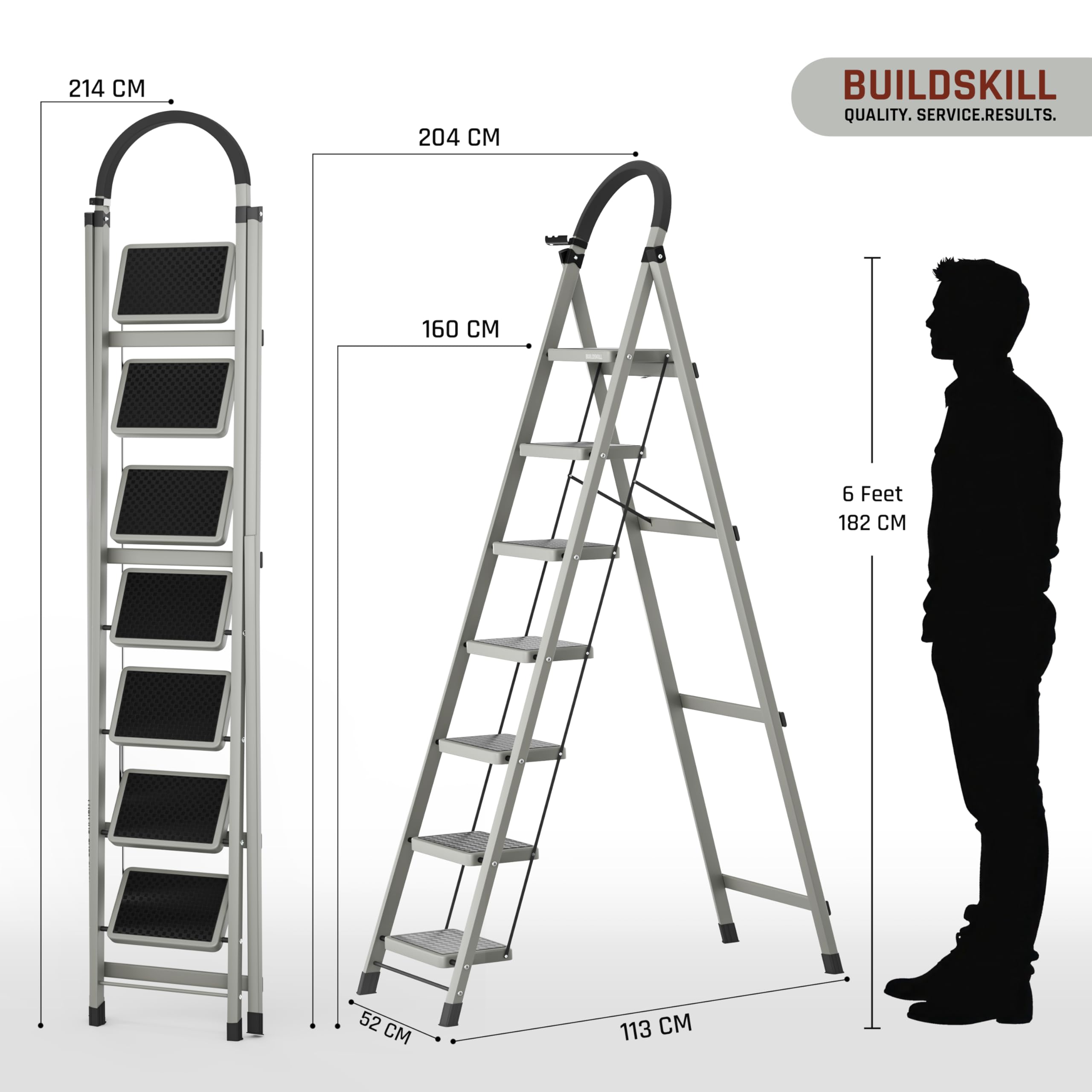 BUILDSKILL Ladder for Home 7 Steps Foldable with Built-in Tool Tray | Heavy Duty D Shape Rods | 20 x 30cm Large Platform | Wide Rubber Feet | Secure Lock | 150Kg Capacity - 5 Years Warranty — Amazon image 9