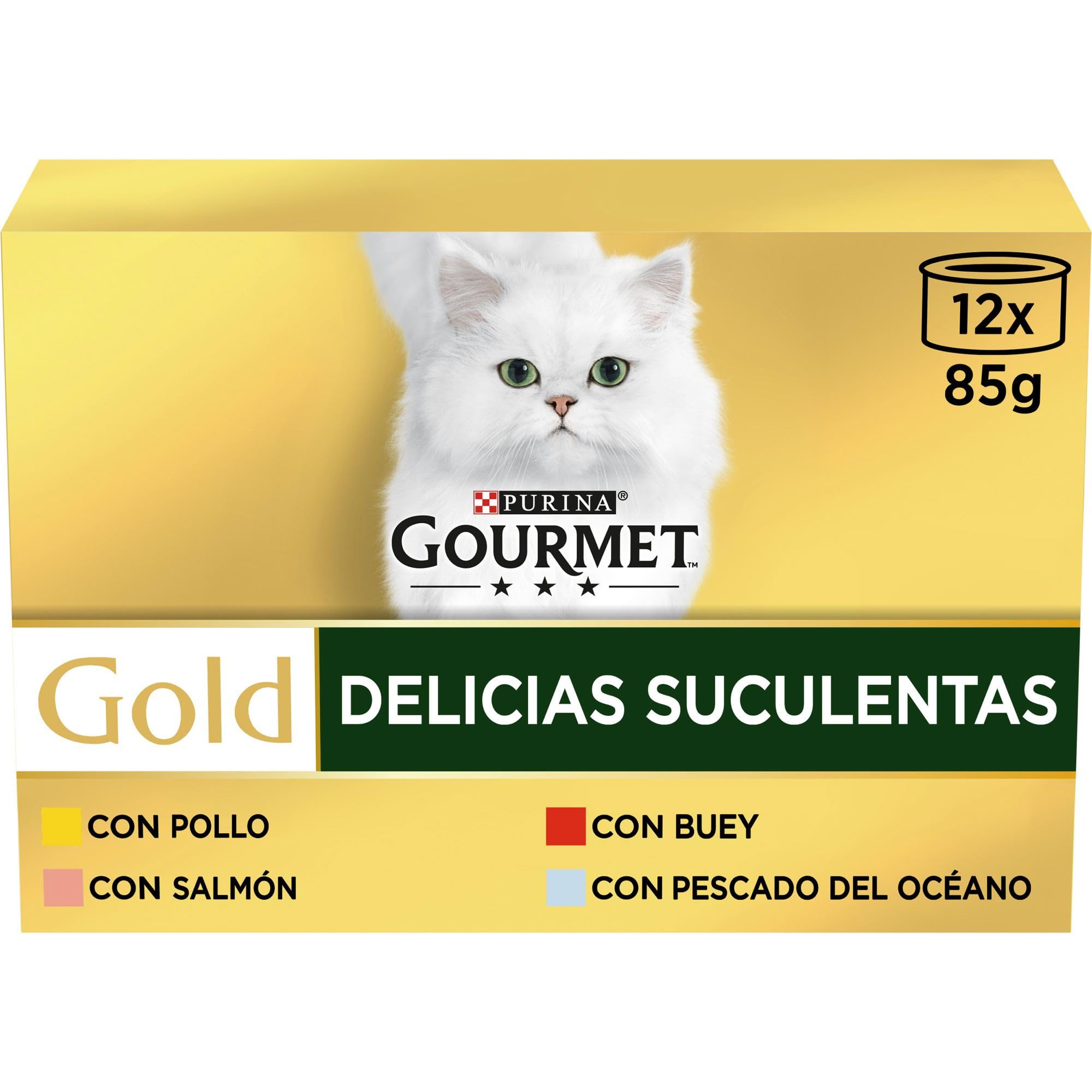 Purina Gourmet Gold Delicias Suculentas, Comida Húmeda para Gato Pack Surtido, 8 Packs de 12 latas de 85g - 96 latas