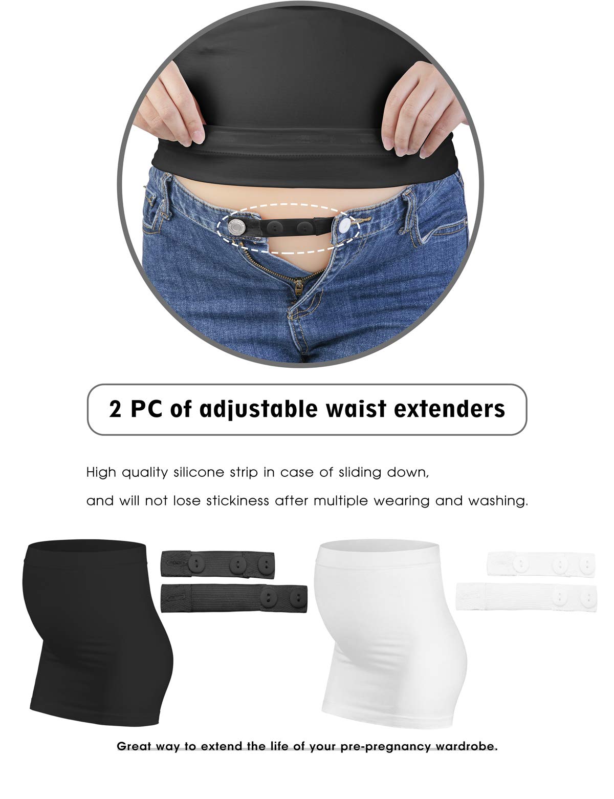 Bauchband für die Schwangerschaft mit 2 Taillenverlängerungen für alle Phasen der Schwangerschaft, nach der Geburt, weiche Adominalunterstützung, Schwarz + Weiß, 4
