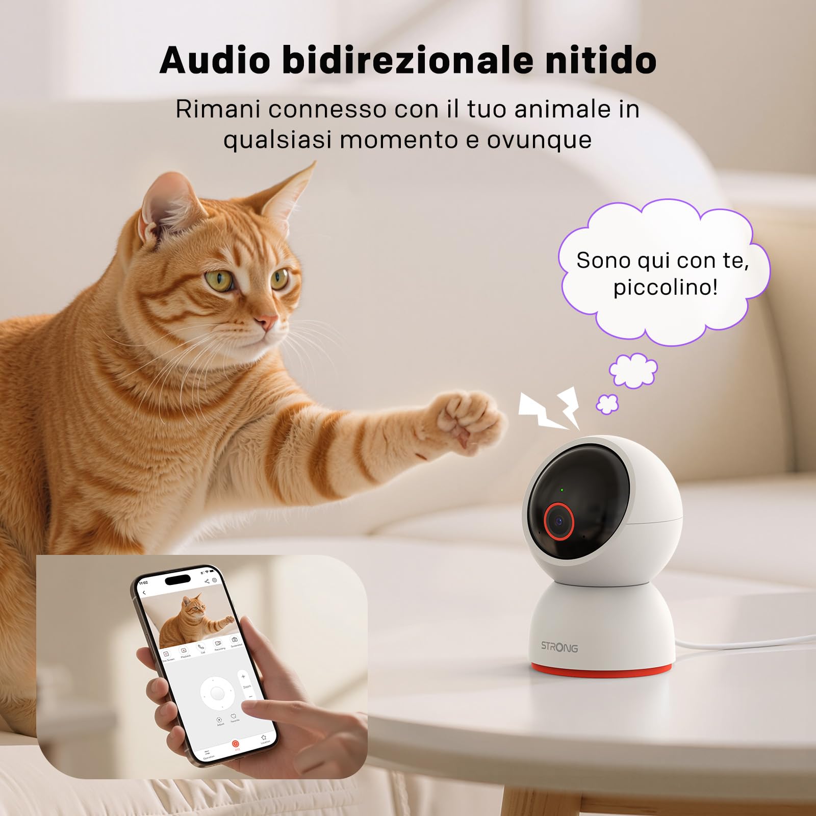 Strong Telecamera Interna 4K 8MP, Baby Cam 360° Pan/Tilt, Telecamera Cani Rilevamento Movimento, Auto Tracking, Visione Notturna, Audio Bidirezionale, Cloud & SD 512GB, WiFi 2.4G/5G, Controllo APP