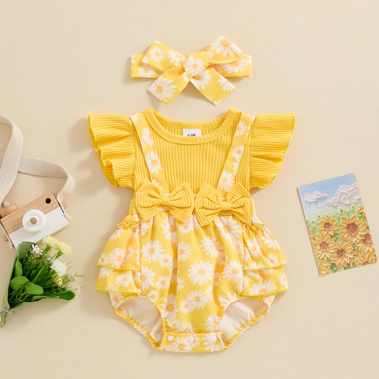 Socutebabe Baby Girl Outfit Floral Daisy Romper Newborn Dress Ruffle Infant Jumpsuit Dresses Cute Summer Clothes and Headband (Daisy Print Yellow, 0-3 Months)