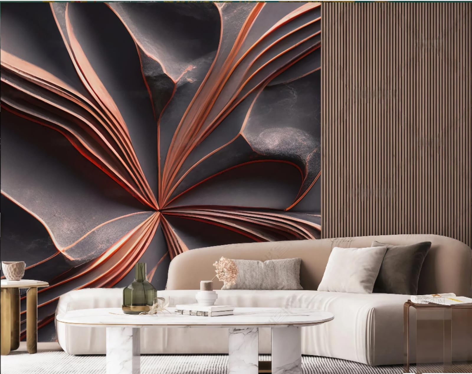 Tapeta Trójwymiarowa Abstrakcyjna Linia Różowe Złoto Kwiat Tekstura Tłoczona Szary Piaskowy Marmur TV Sofa Tło Ściana Salon Restauracja Kawiarnia Mural, 3D, 250 x 175 cm