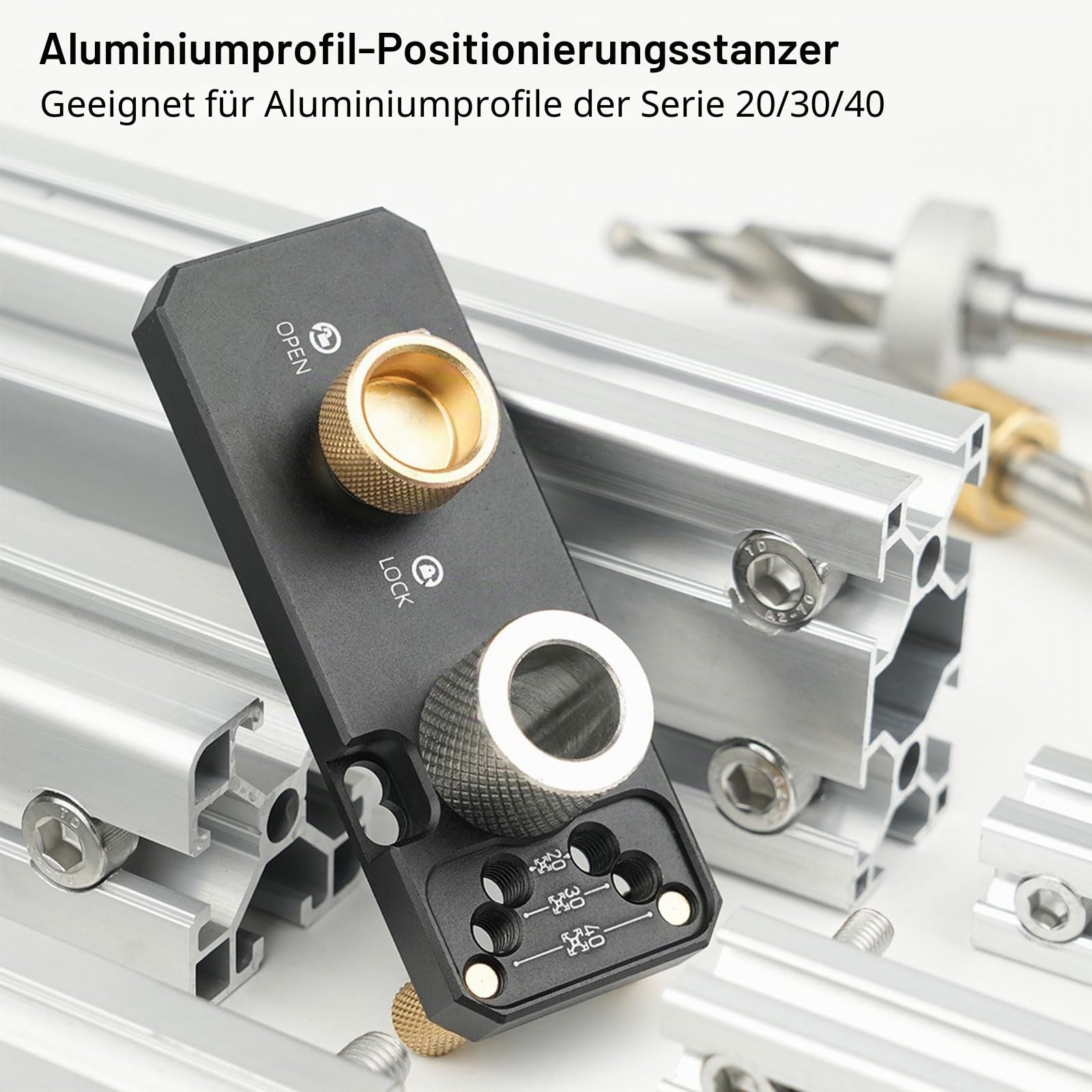 Bohrschablone, Selbstzentrierendes Bohrführung Stanzer Locator, Exakte Dübellöcher mit Aluminiumprofil Bohrer, Bohrhilfe Set für 2020, 2040, 3030, 3060 und 4040 nach Aluminiumprofile