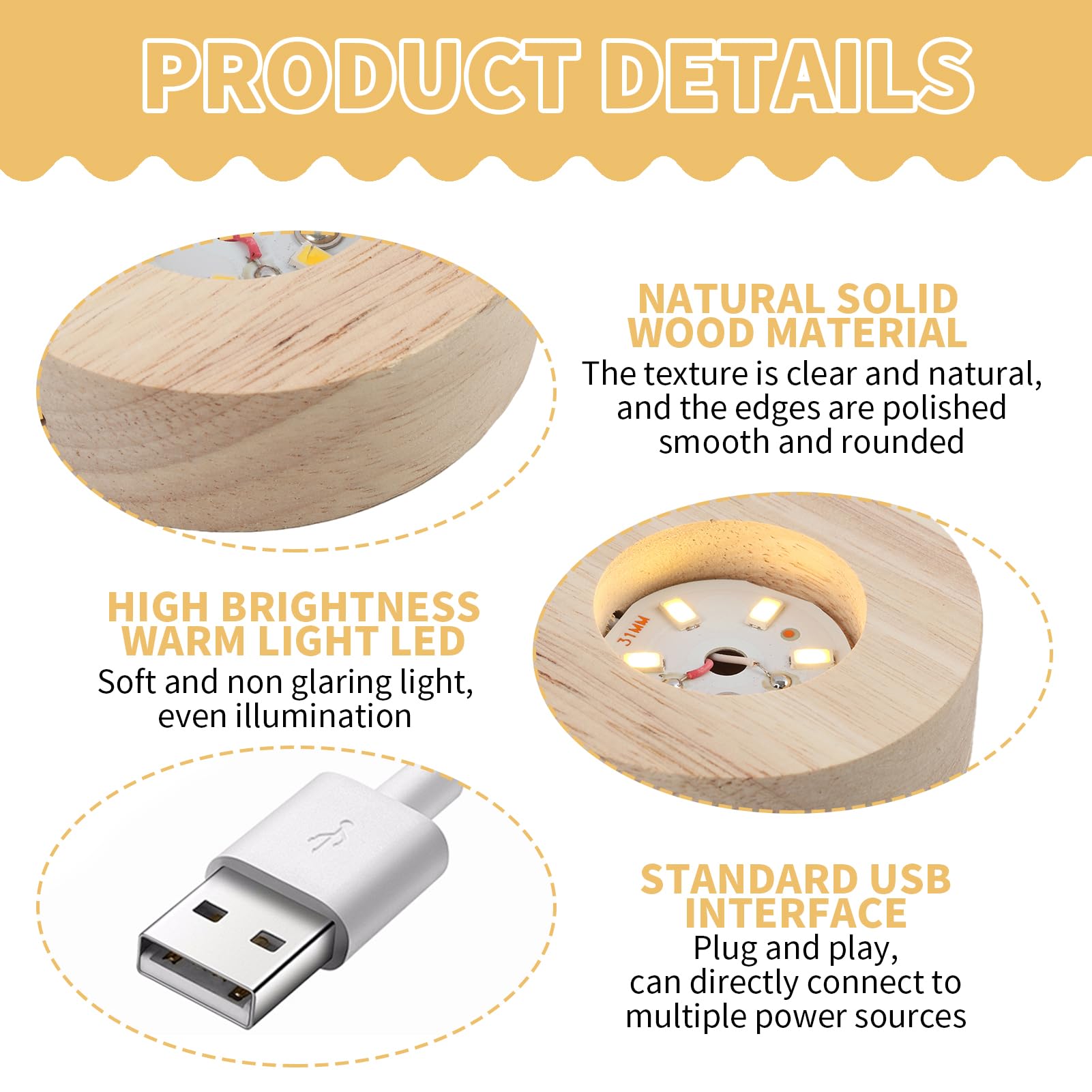 2 x Base luminosa a LED in legno, base luminosa a LED, rotonda, in legno, con USB, base di luce a LED per cristallo, vetro e resina, mini espositore luminoso per decorazione
