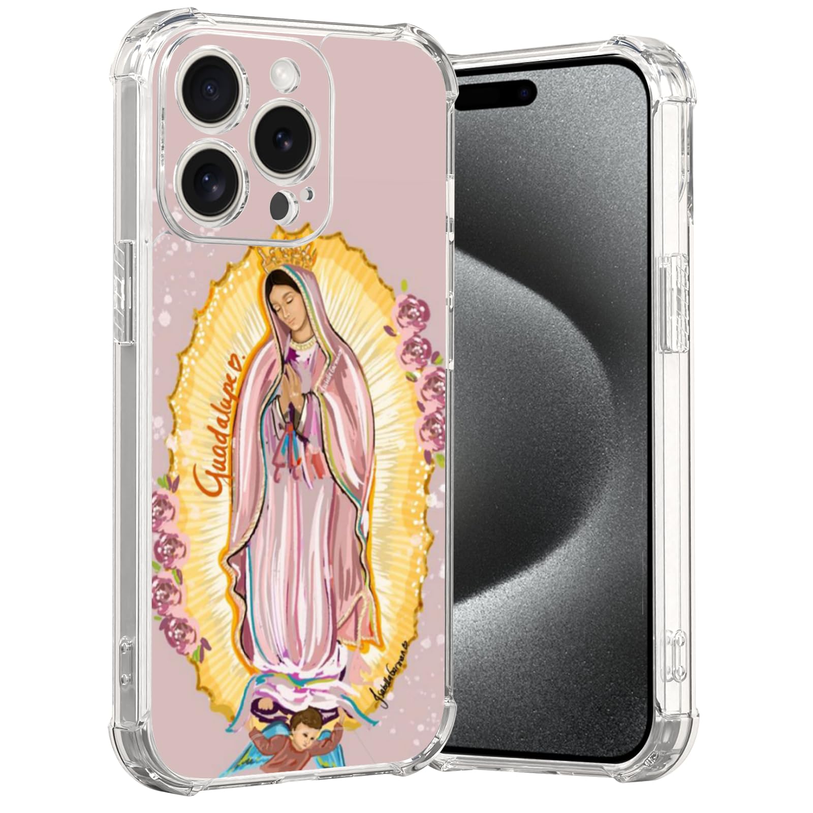MMYAJT Flesh Virgencita Phone Case Fit for iPhone 15 Pro —Wireless Charging Shockproof Clear Mexico Virgen de Guadalupe Phone Cover Gift for Boy Girl