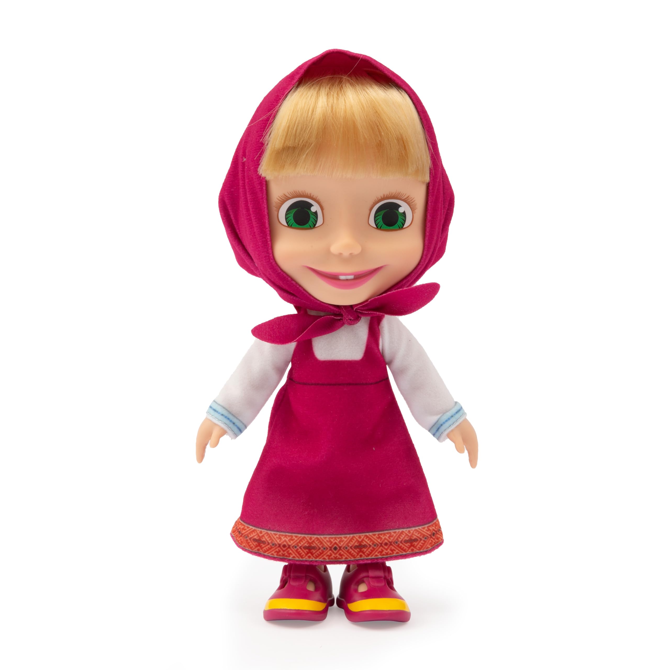 Masha and The Bear, Muñeca de Peluche de 23 cm, Viste Traje Clásico de Masha con su Sombrero, Mismo Aspecto Que en la Serie de Dibujos Animados, Detalles Especiales, Famosa (MHA24000)