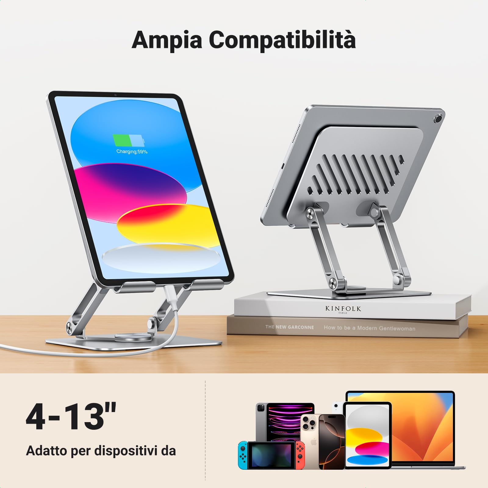 UGREEN Supporto per Tablet Pieghevole in Ferro Girevole a 360°, Compatibile con Galaxy Tab, iPad Pro 13''/12.9", iPad Mini/Air 6 5, iPhone 16 Plus, Galaxy S24 Ultra, Universale da 4,7" a 13", Argento