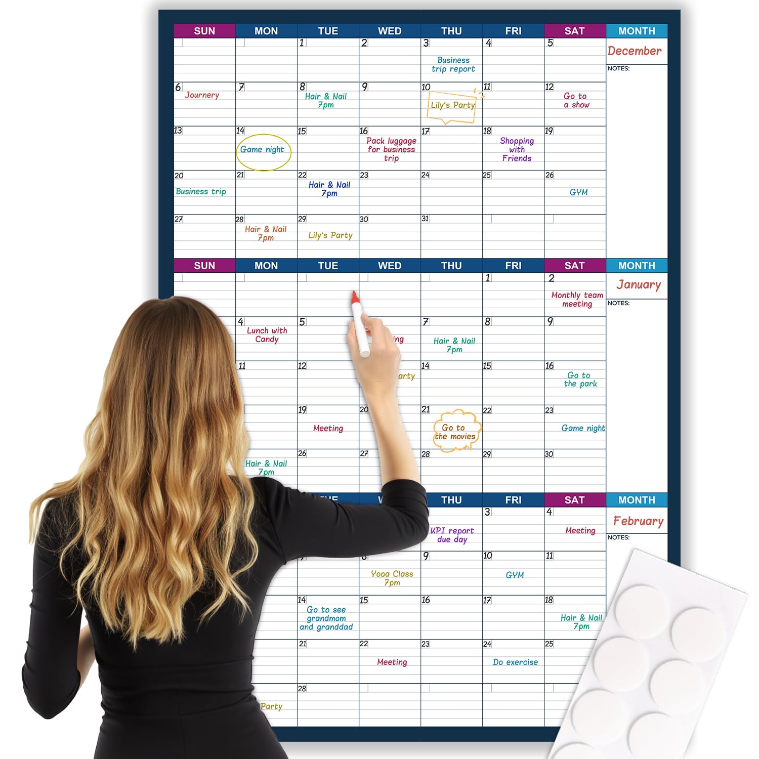Calendario grande de borrado en seco para pared, calendario anual de pared de borrado en seco