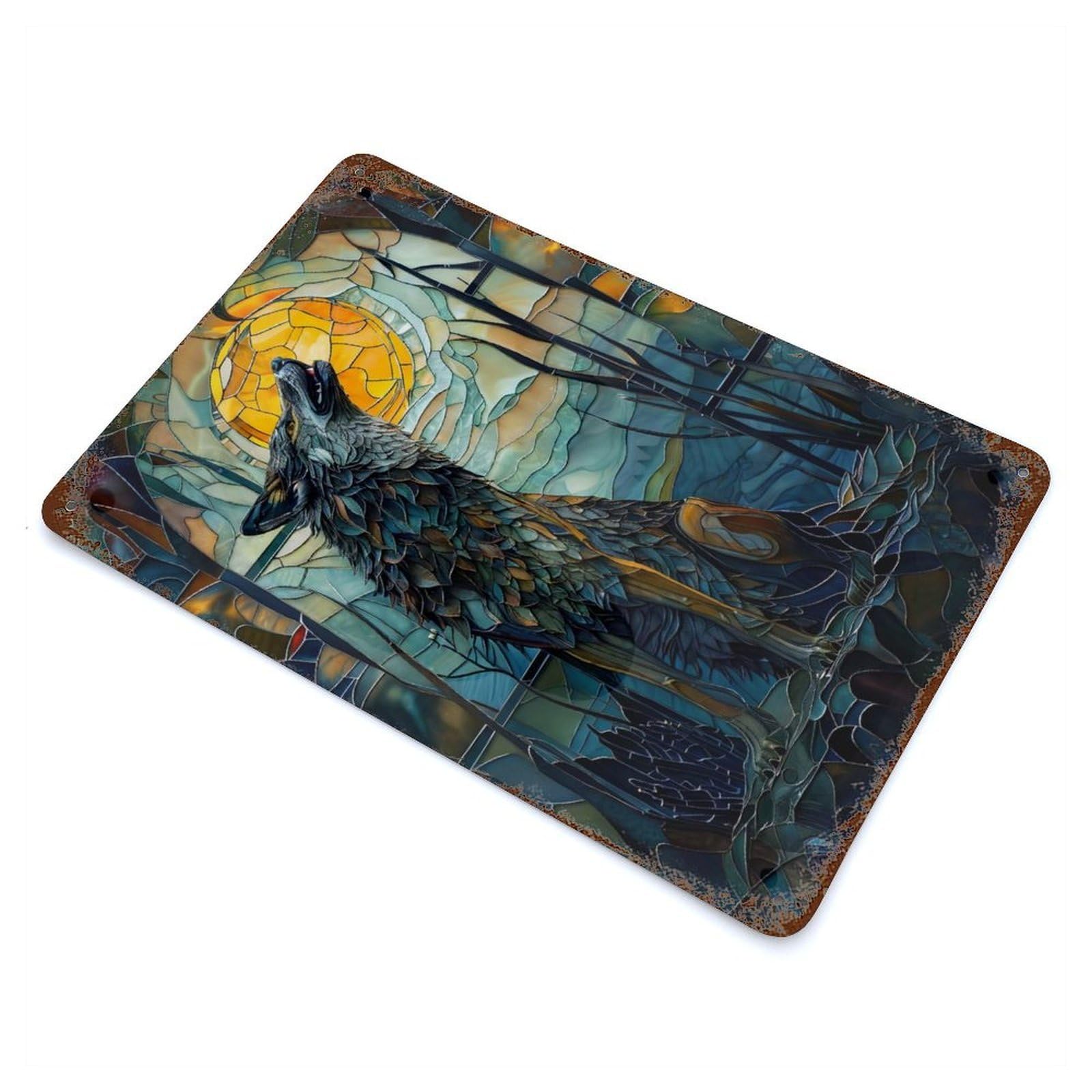 Aged Metal Wall Plaque with Fairy Tale Wolf Design 11.8"x7.9", for Farmhouse, Kitchen And Entryway Decor, Retro Wall Decor