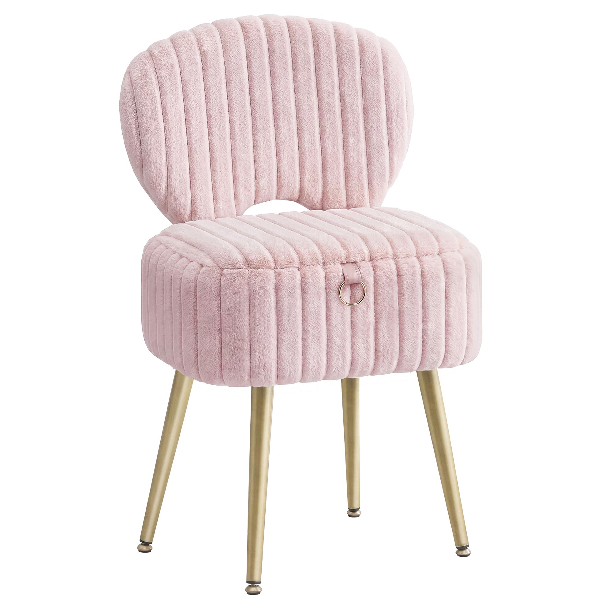 SONGMICS Small Vanity Chair with Storage and Folding Back, Vanity Stool, Footrest Footstool Ottoman, Dressing Table Stool, Furry Padded Seat, for Makeup Room, Bedroom, Jelly Pink LOM532SA02