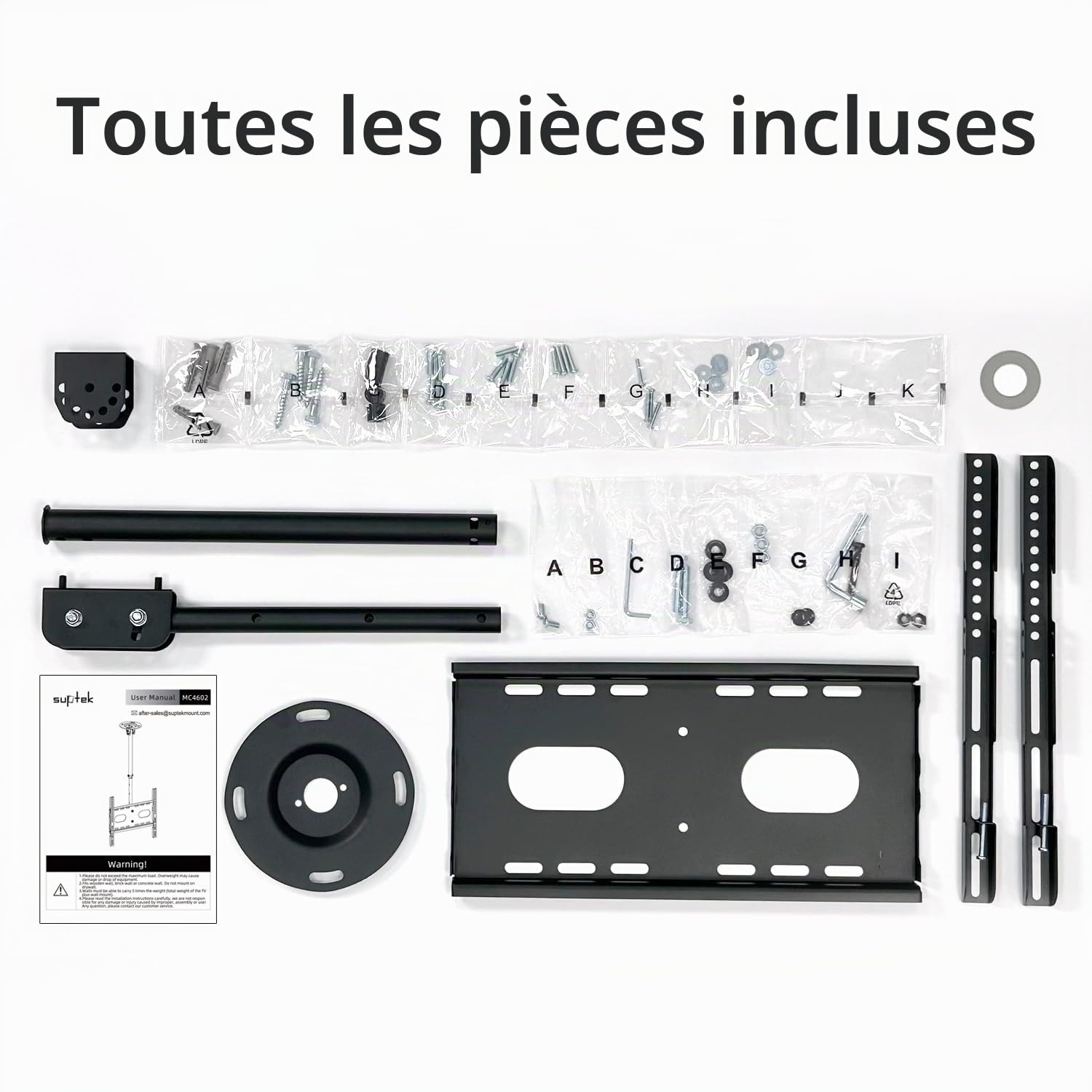 Suptek Support TV Plafond pour Téléviseurs LCD LED Plats/Incurvé de 26 à 65 Pouces, VESA jusqu'à 400×400mm Charge 45 kg, Inclinaison à 15° et Rotation à 360°, Support Mural TV - MC4602