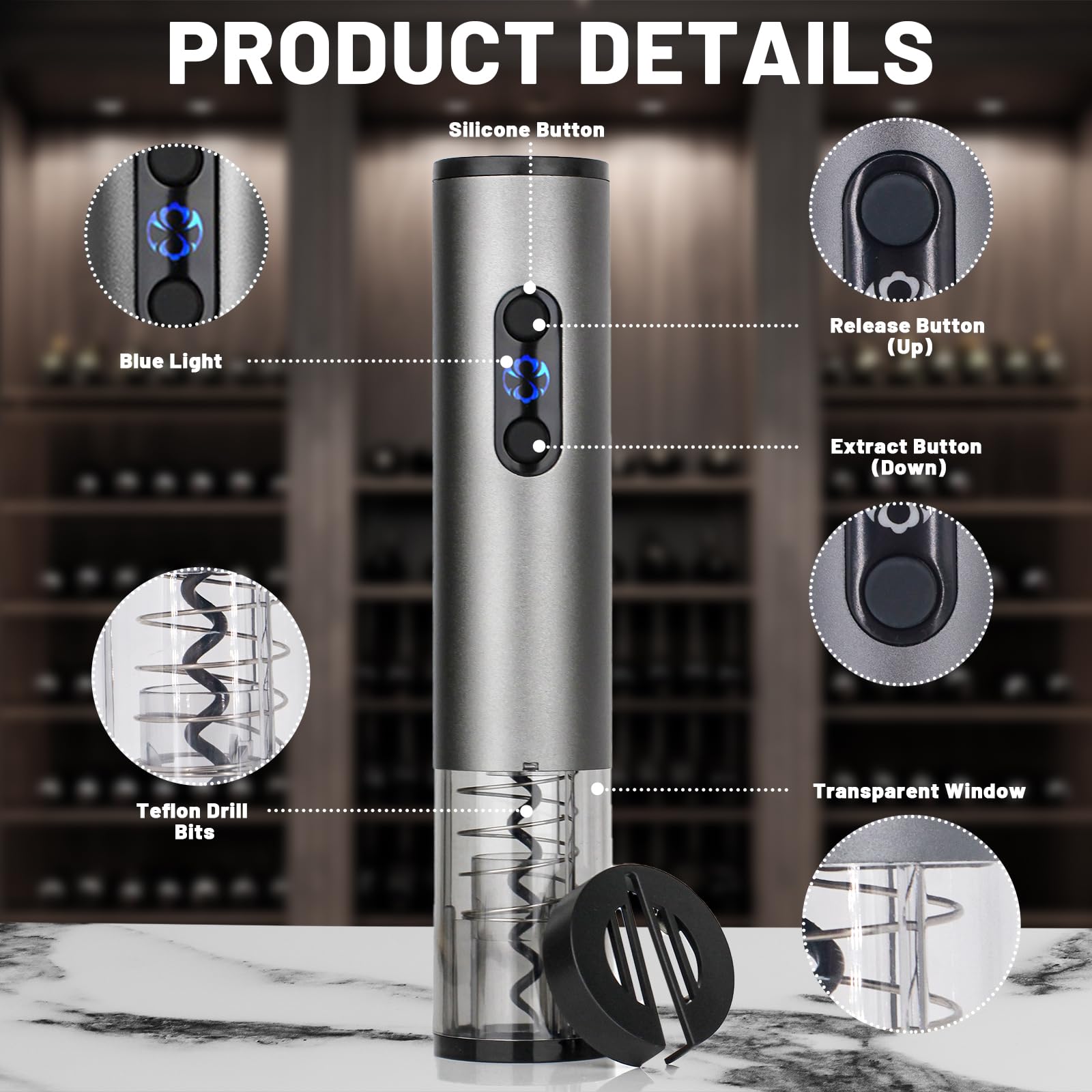 Juego de abridor de vino eléctrico, sacacorchos de vino automático recargable con cortador de papel de aluminio, tapón al vacío, vertido de vino para bodas, fiestas, regalos en el hogar (plateado) 3