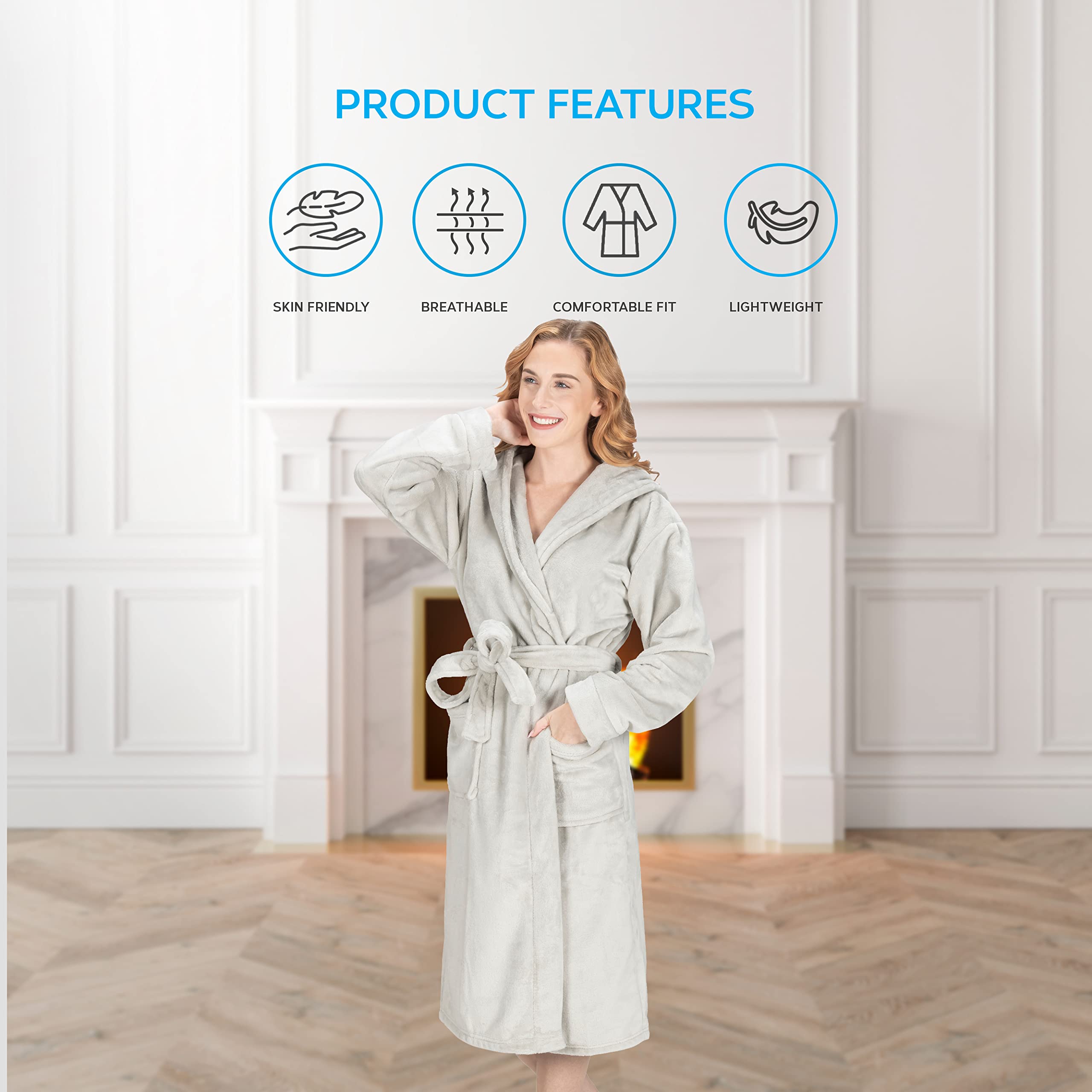MONHOUSE Womens Dressing Gown - Premium Super Soft & Cosy Long Bathrobe - Ladies Thick Flannel Luxury Housecoat - Warm Fluffy Shearling Spa Robe for Her - Sherpa Bathrobe - Silver UK 16-18