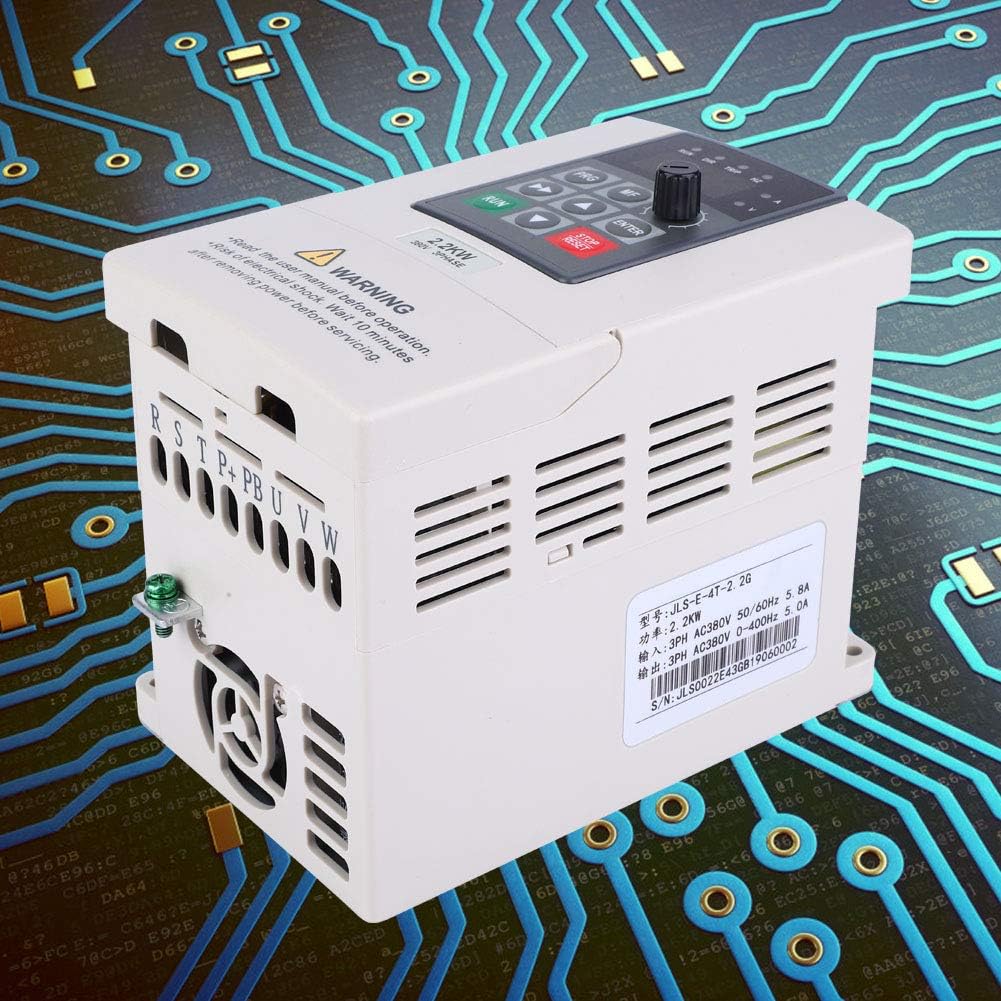 Angled view of Vikye VFD, displaying product label and cooling fan.