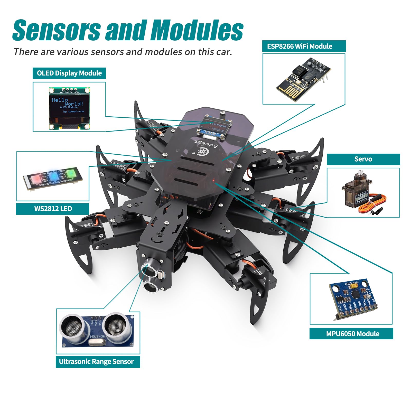 Adeept Ultimate Hexapod Spider Robot Kit, corpo in metallo, programmazione Arduino, telecomando WiFi/IR con display OLED, Python/APP, kit robotica educativa STEM per adulti e ragazzi con manuale PDF