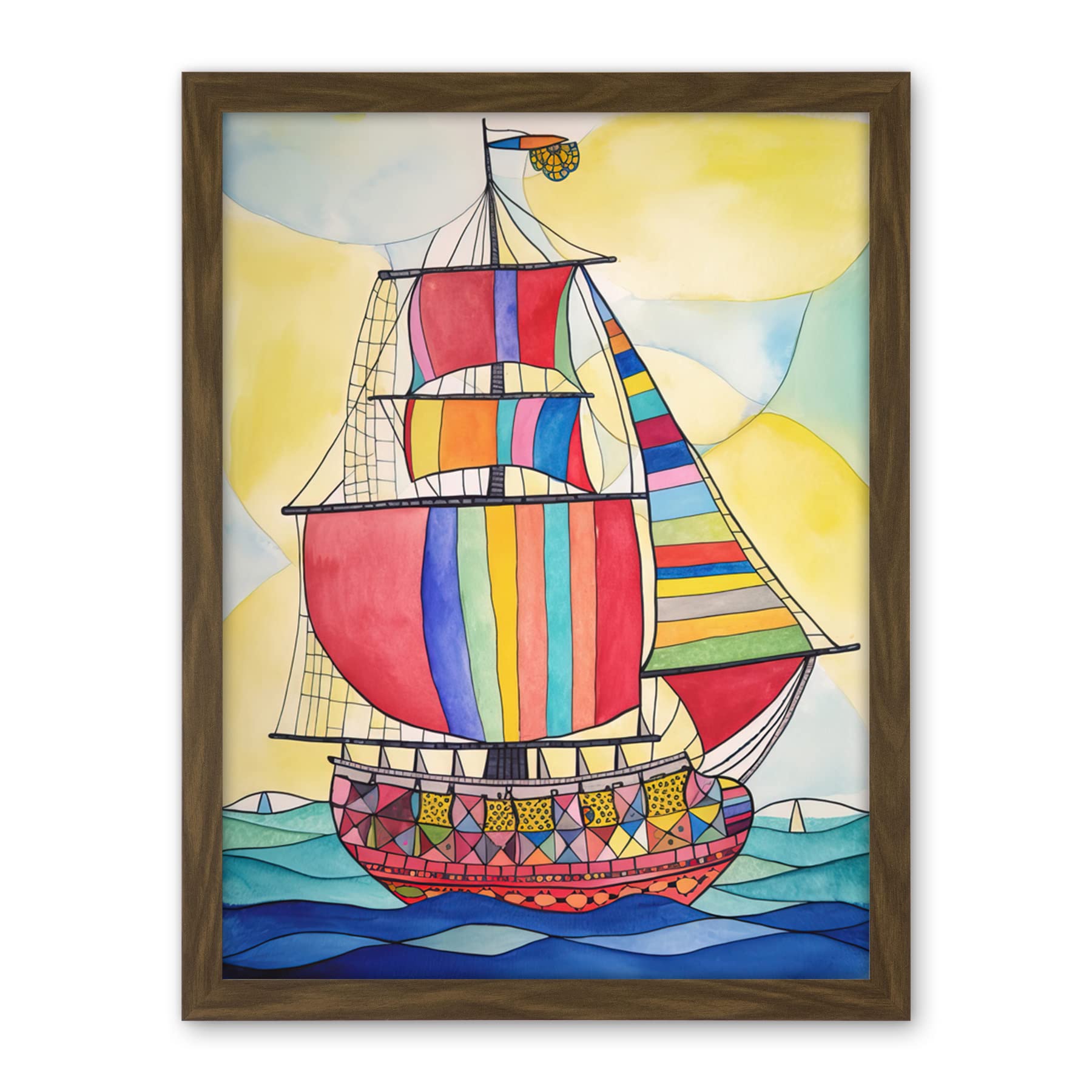 Artery8 Rainbow Colour Sailing Ship Folk Art Artwork Framed Wall Art Print 18X24 Inch