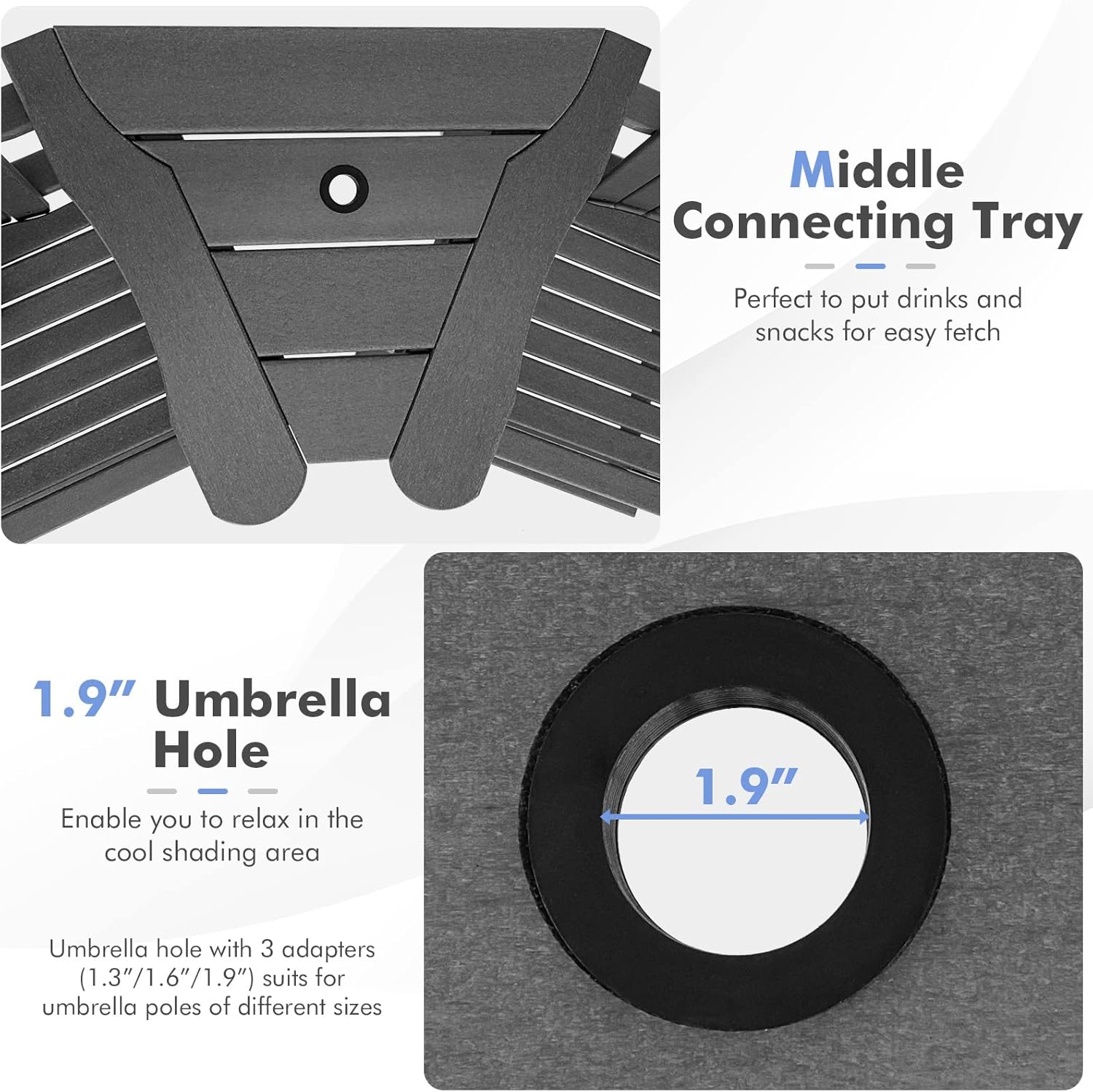 Giantex Tall Adirondack Chair Set of 2 - Outdoor HDPE Barstools w/Middle Connecting Tray & Umbrella Hole, Counter Height Bar Chair, Weather Resistant, Ideal for Patio, Backyard, Poolside (Grey)