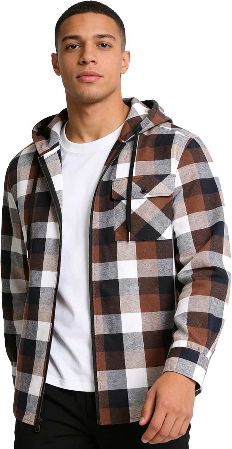 Hooded Flannel Shirt for Men Spring Casual Zip Up Plaid Hoodie Stylish Long Sleeve Plaid Shirts with Pocket - Image 2