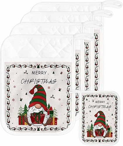 Miniatura 52 de Christmas 5Pcs Pot Holders for Kitchen, Non Slip & Heat Insulation Terry Cloth Potholder Set with Pocket, Thick Hot Pad Oven Mitts Trivet Coaster