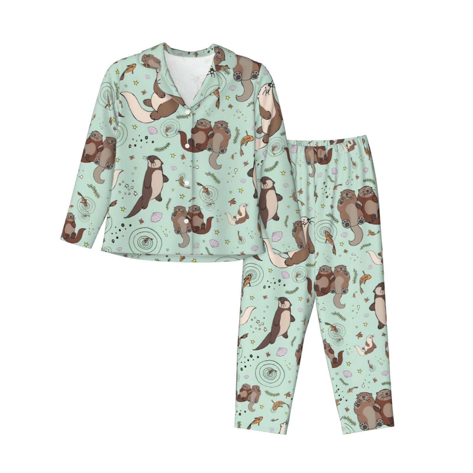 Otters Print Women'S Nightwear Long Sleeve Pajama Set, Lounge Button Down Pjs Soft Sleepwear, Black, M