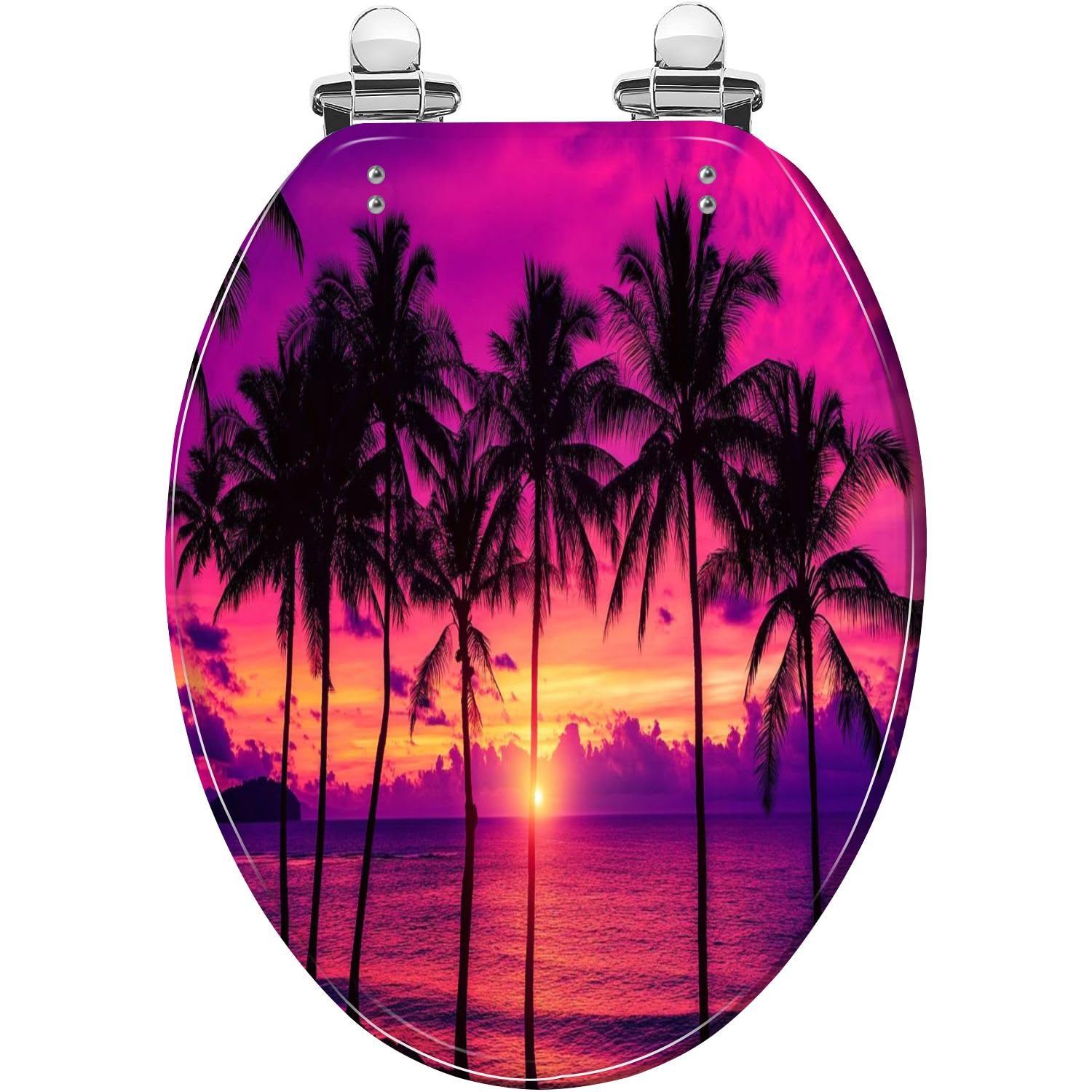 Elongated Toilet Seat Coconut palm trees tropical island beach colorful sunset Resin Toilet Seat Quietly Close Quick Release Hinges Decorative Toilet Seat with Cover Easy to Install