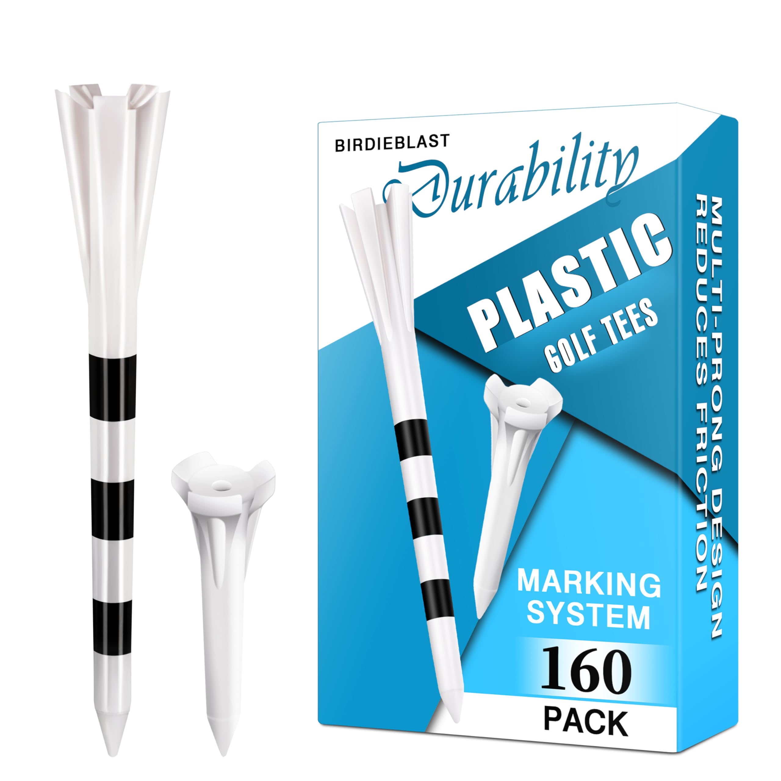 Photo 1 of BIRDIEBLAST Professional Plastic Golf Tees 160 Pack (3-1/4" or 2-3/4" 100 Pack & 1-1/2" 60 Pack), Reduces Friction & Side Spin, Enhanced Durability & Stability (Blue, 3-1/4")