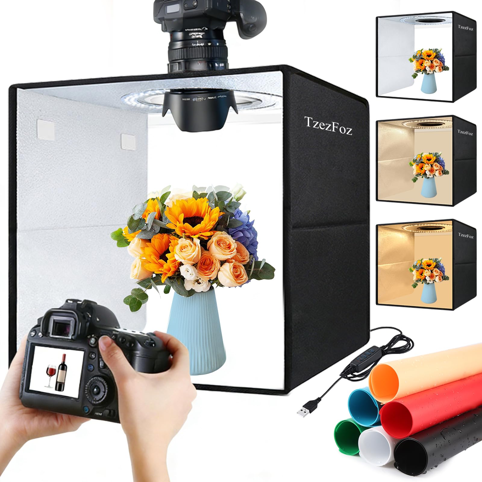 Estudio de iluminación fotográfica portátil plegable de 16 x 16 pulgadas con anillo de luz, 224 luces LED, 10 niveles regulables, alimentado por USB, caja de tienda de campaña con 6 fondos de