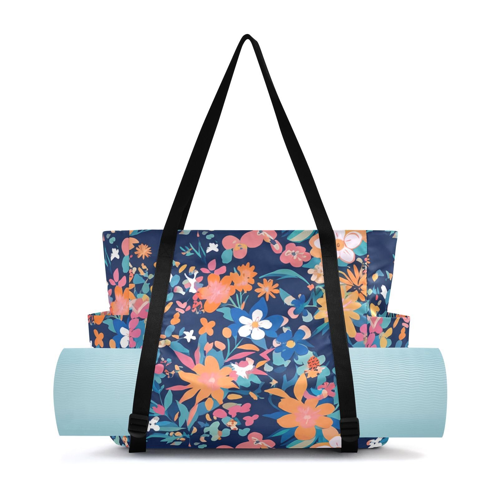 Lxqimora Flowers Colorful Lively Blue Yoga Mat Bag for Women Water-Resistant Gym Bag with Yoga Mat Holder Tote Bag for Pilates Gym Yoga Travel