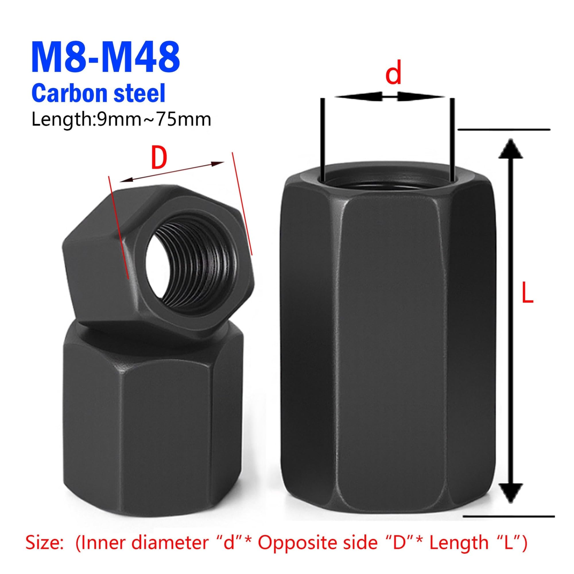 Tuercas de Acoplamiento Hexagonales M8 M10 M12 M14 M16 M18 M20-M48 hexágono de acero al carbono extensor largo conector varilla alargada manguito unión tuerca acoplamiento Tubular(M42x65x65(2Pc))