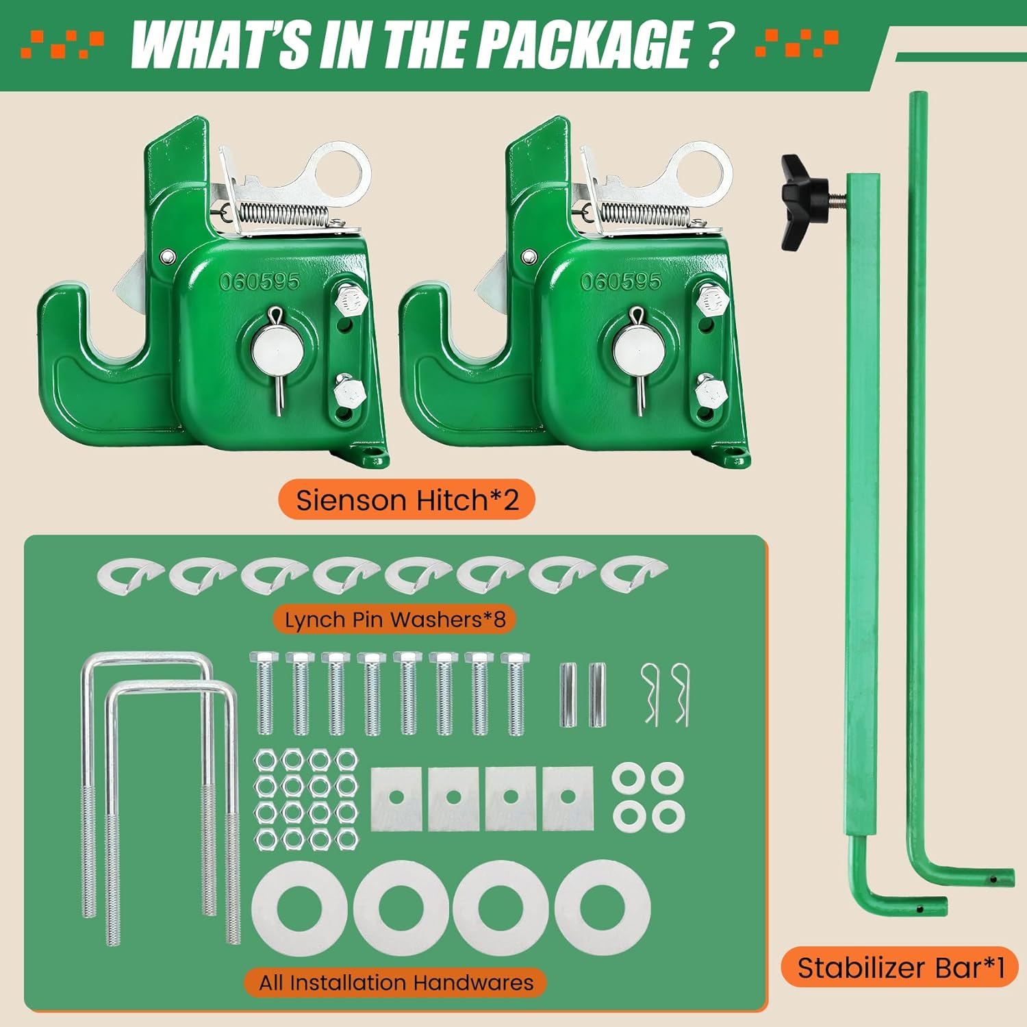 Cat2 Tractor Easy Change Quick Hitch System, 3-Point Hitch Adapter for Tractors and Implements, Durable&Easy Installation, Stabilizer Bar Included for Reduced Sway and Stable Attachment(Green)