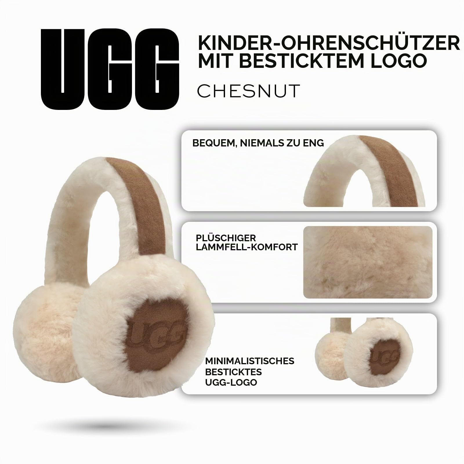 UGG Kinder-Ohrenschützer mit Plüsch-Schaffell, eng anliegendes Kopfband und minimalistisch gesticktem Logo für warmes und stilvolles Tragen bei kaltem Wetter, Kastanie, Einheitsgröße