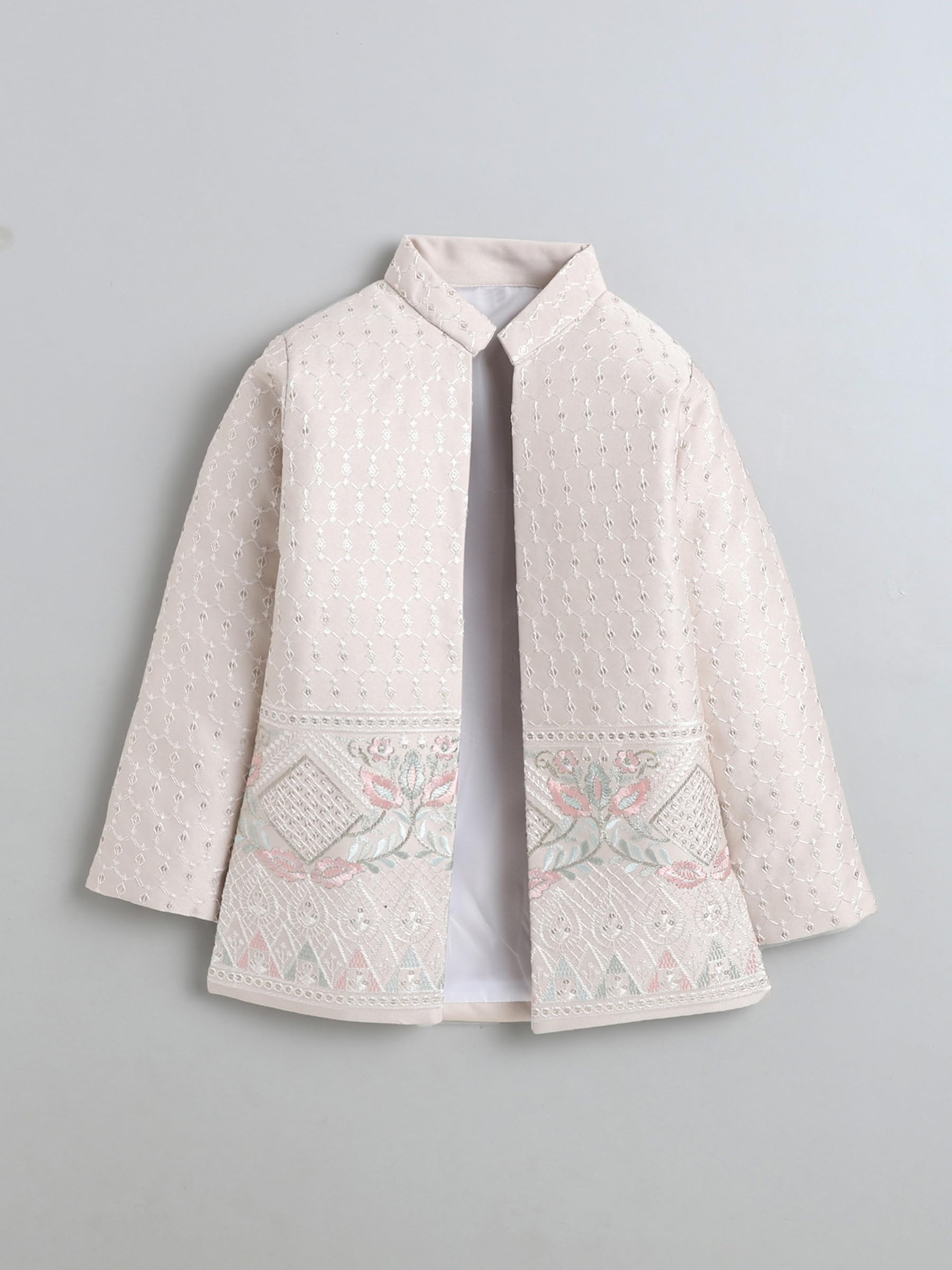 FOURFOLDS Boys Sequins Embellished Embroidered Sherwani & Trouser Set With Shrug- Beige 2