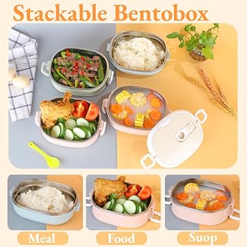 Lunch Box, Portable Stainless Steel Insulated Thermal Food Container Stackable Thermal Compartment Lunch Box for Student Children Work(3 Layer)