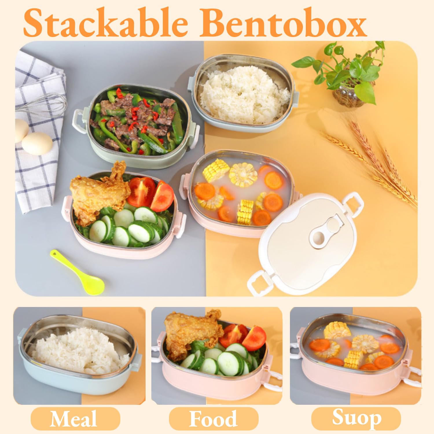 Boite Lunch Box, Boîte à Lunch Thermique, Conteneur Alimentaire Thermique Isotherme Portable en Acier Inoxydable pour Les Enfants Etudiants(Three Floors)