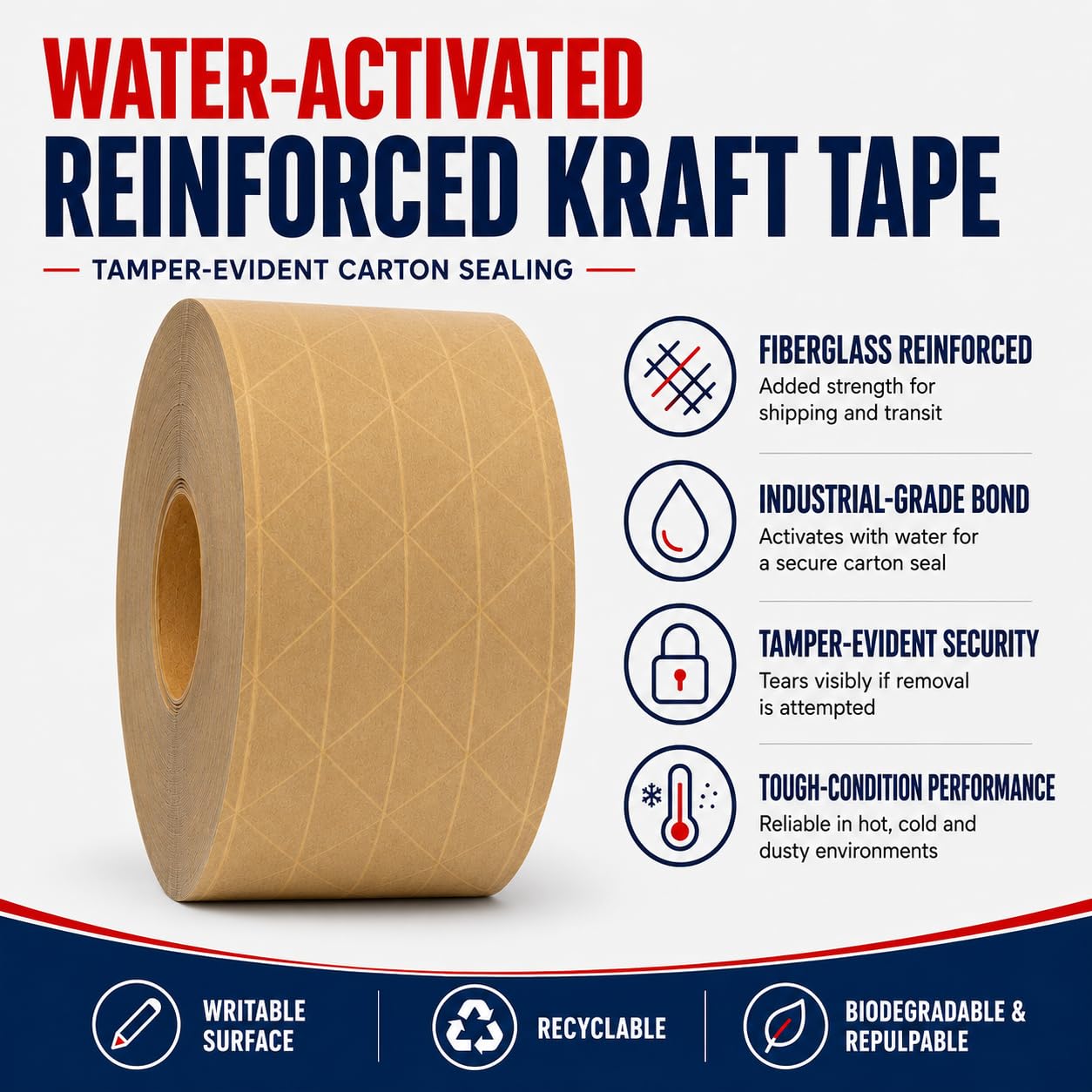 GGR Supplies T.R.U. WAT-WAE - Cinta engomada de papel kraft reforzada activada por agua, cinta de embalaje a prueba de manipulaciones para envío, mudanza y sellado de cartones, 2.75 pulgadas x 375
